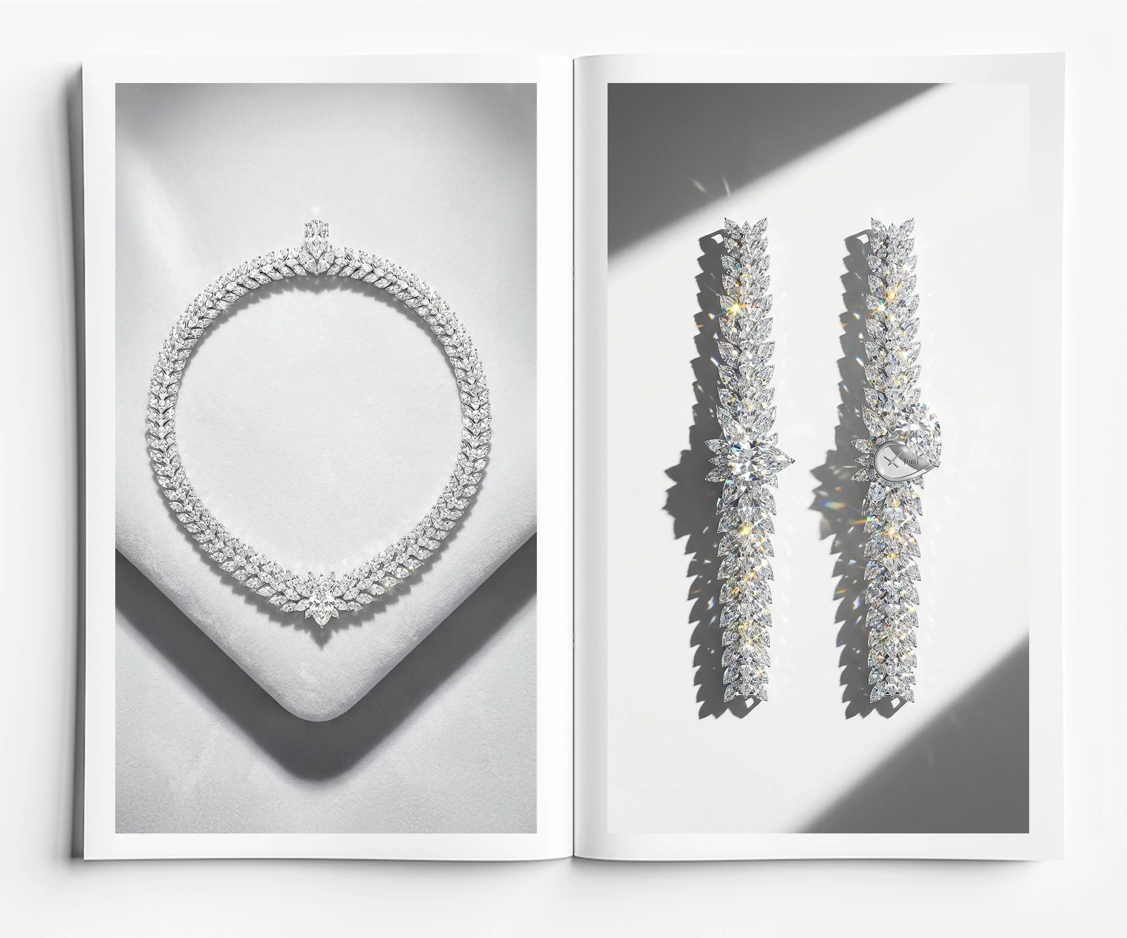 Luxury high jewellery transformable diamond necklace and watch variation in all diamonds, digital rendering by Myles Day Jewellery Artist