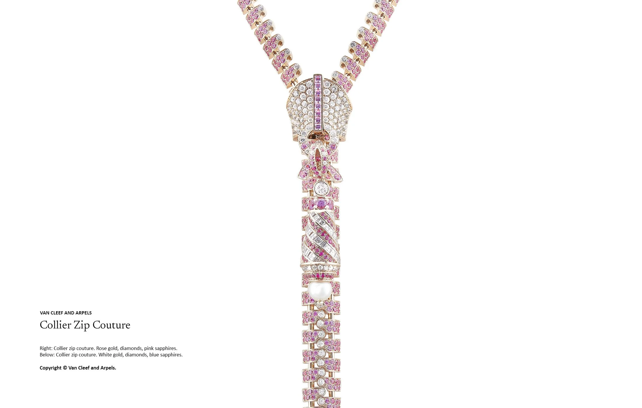 High jewellery zip necklace in rose gold set with white diamonds and pink sapphires and pearl design by Myles Day Jewellery Artist.