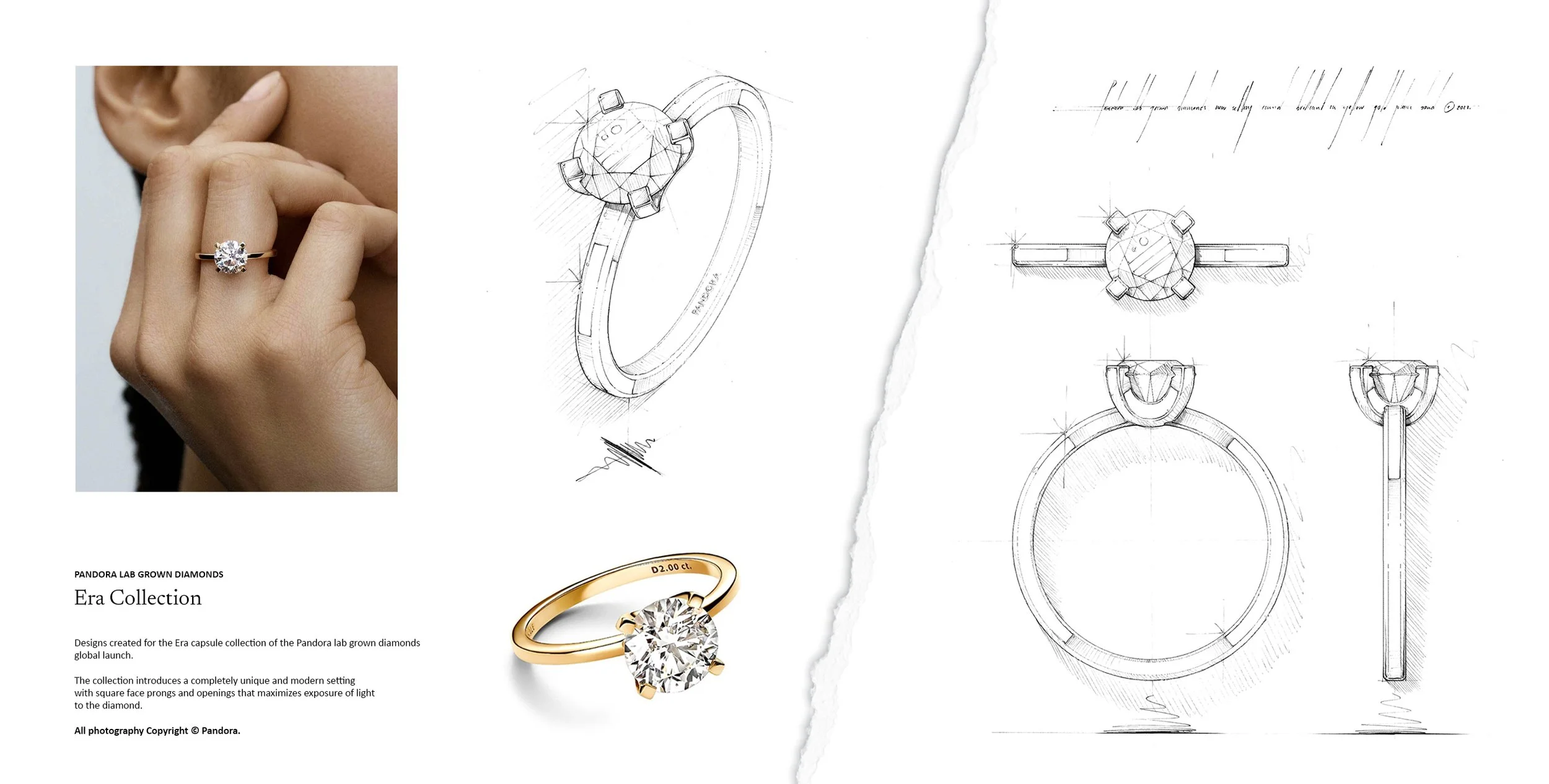 Jewellery design sketches and finished ring and pendant from the Pandora Era collection. Design by Myles Day Jewellery Artist.