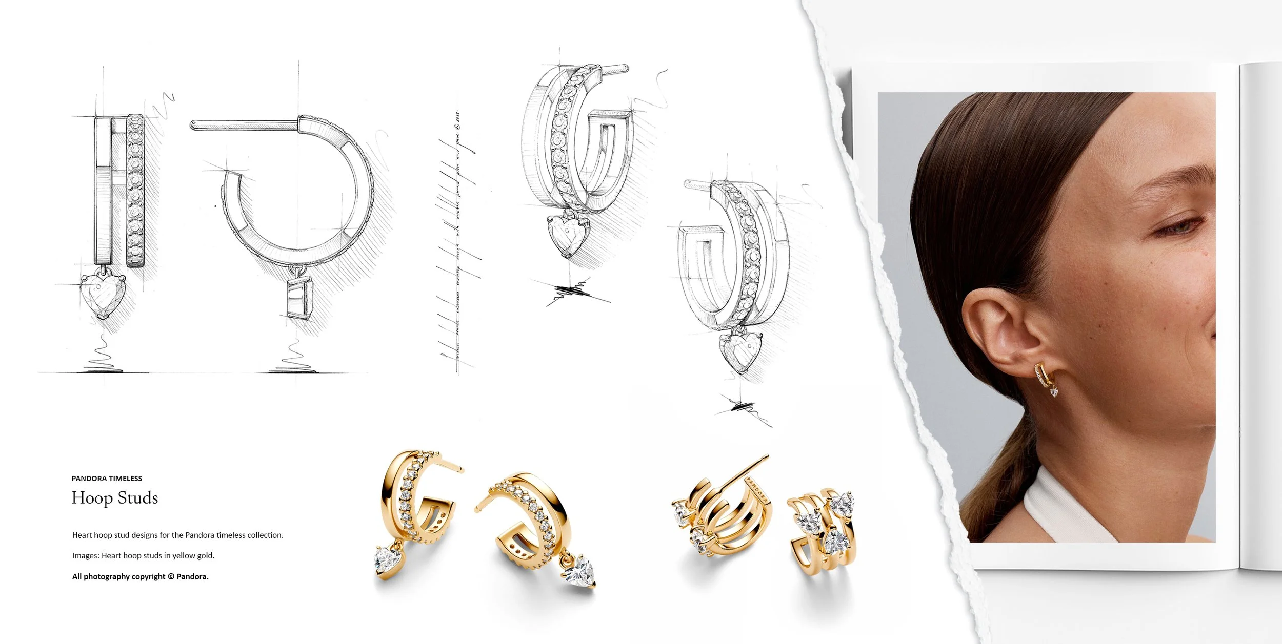 Pandora heart hoop stud earrings in yellow gold with heart-cut drop stones, presented alongside technical jewellery design sketches by Myles Day Jewellery Artist.
