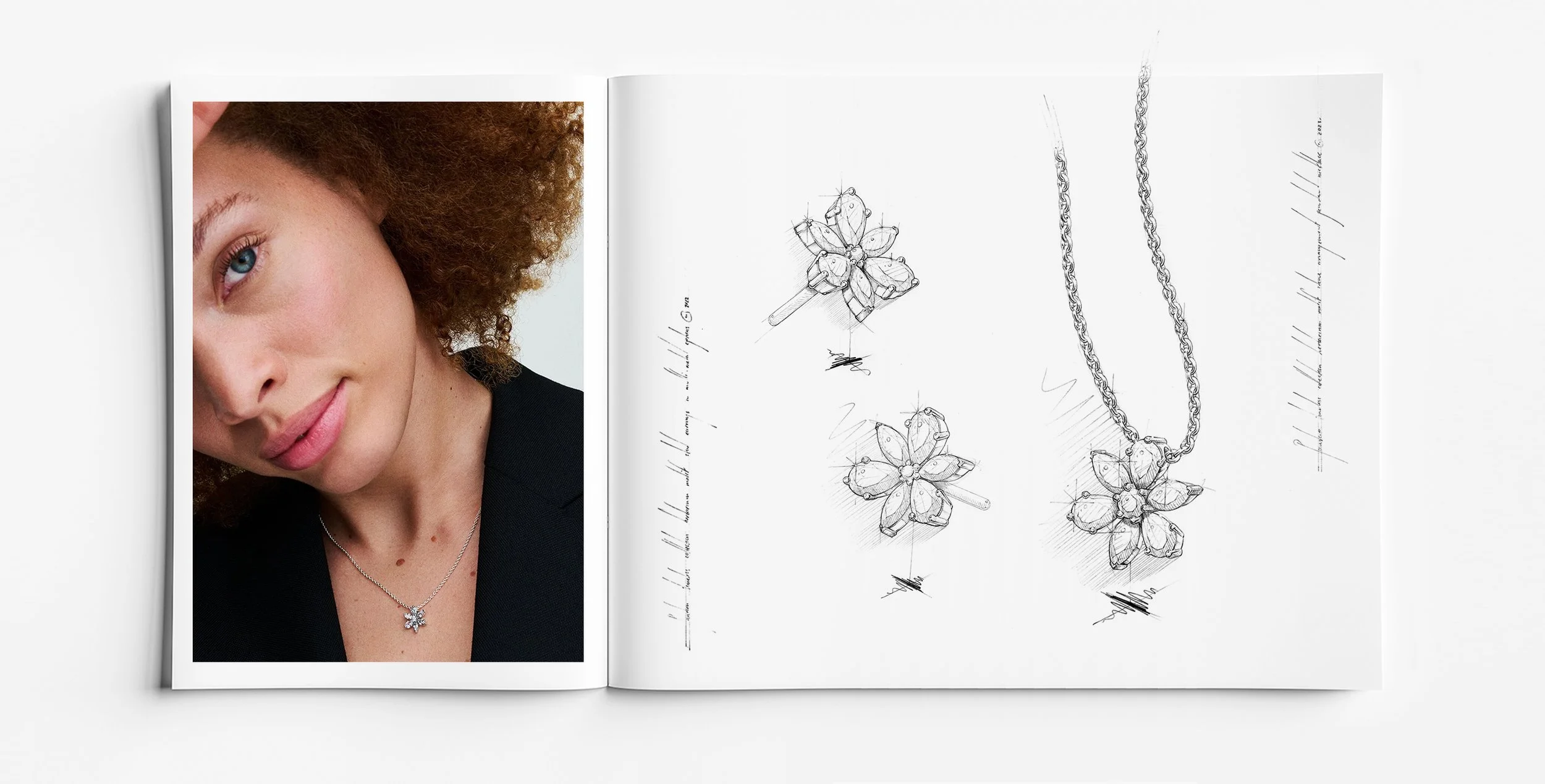 Pandora Herbarium silver pendant necklace with blue gemstone floral motif, shown with jewellery design drawing sketch, jewellery design by Myles Day jewellery artist.