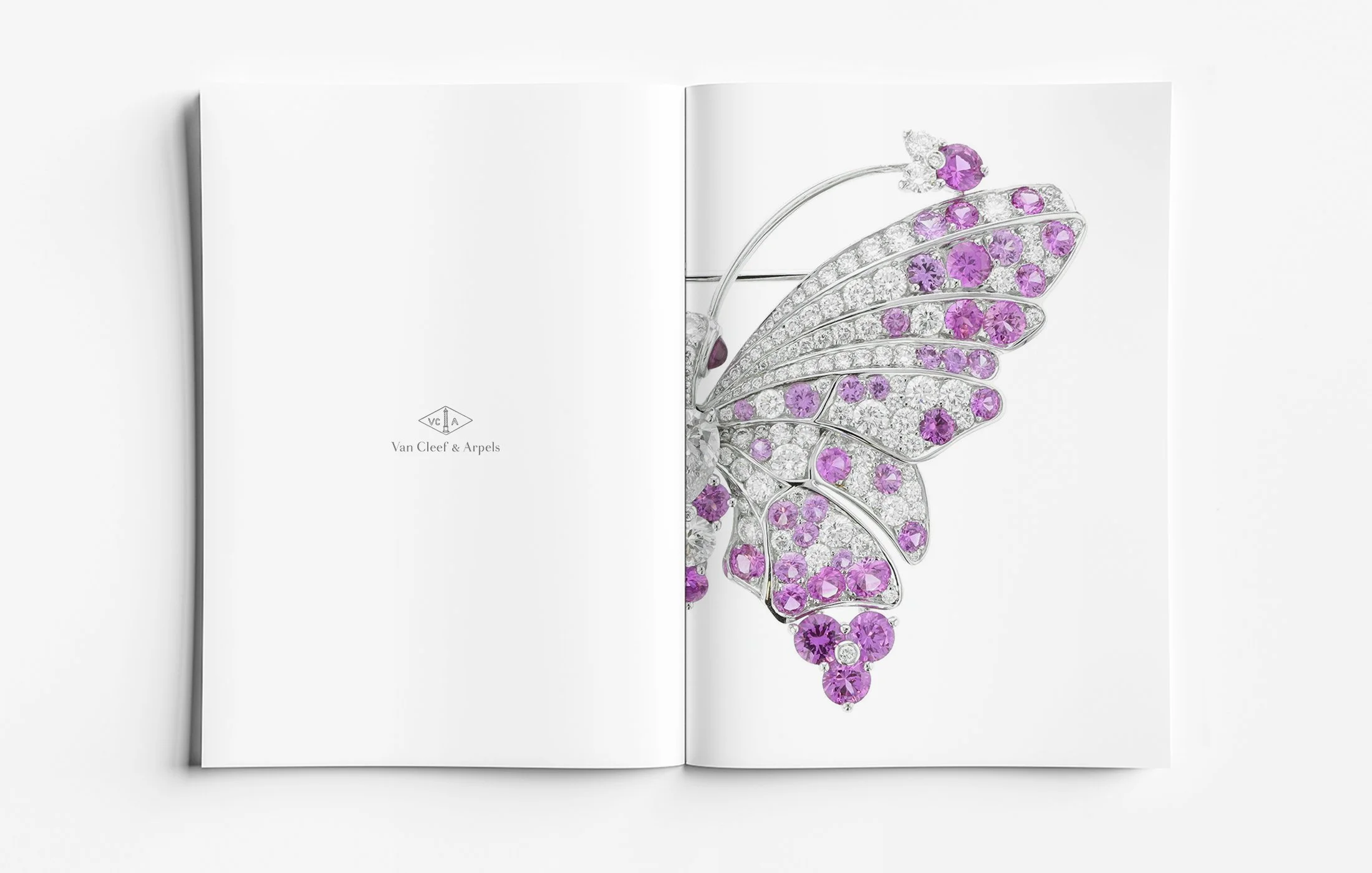 High jewellery butterfly brooch in white gold with diamonds and pink sapphires, presented in a luxury editorial layout, showcasing intricate gemstone placement and refined jewellery design by Myles Day Jewellery Artist.