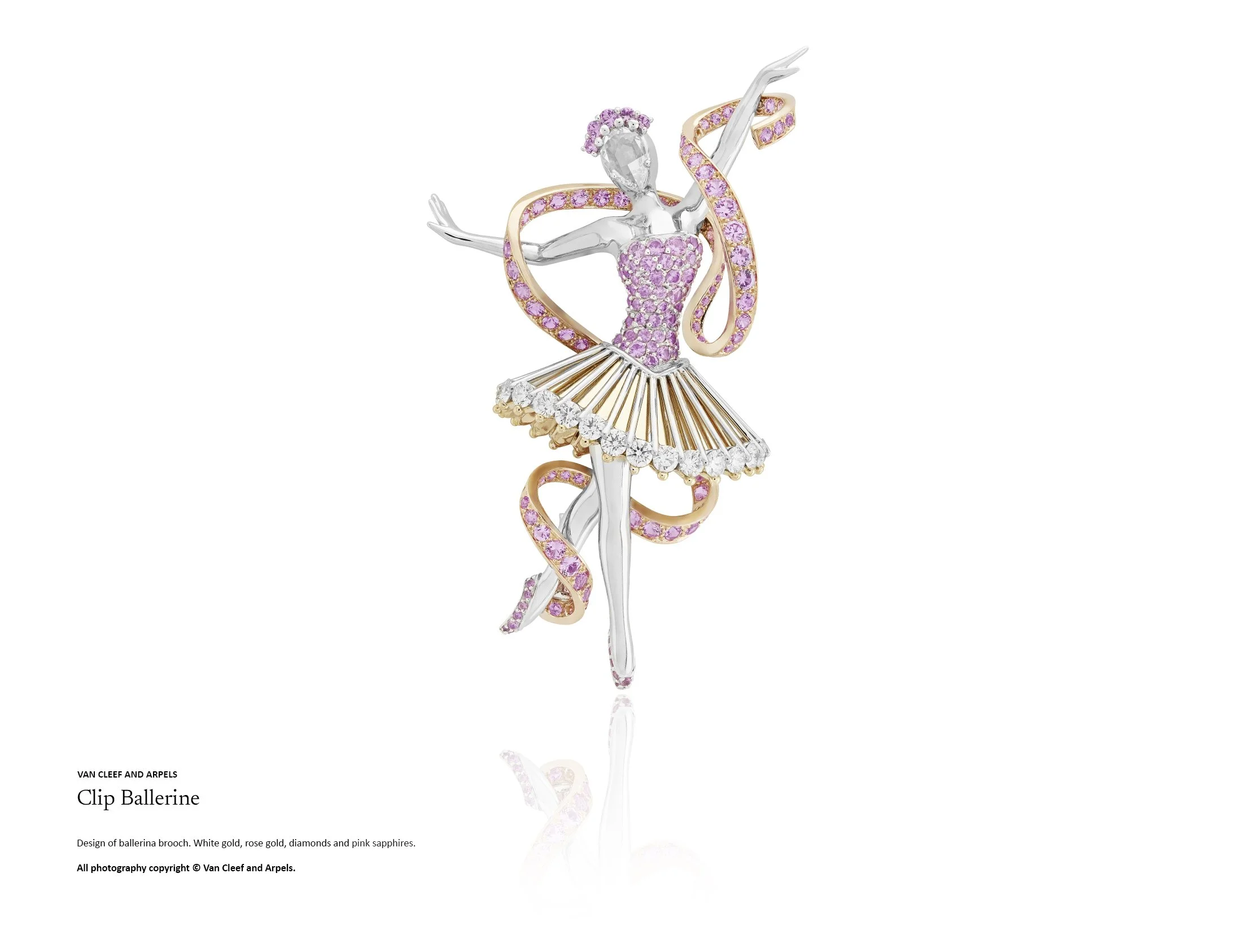 High jewellery ballerina brooch in white gold and rose gold with white diamonds and pink sapphires, featuring articulated ribbon movement and couture-inspired gemstone setting in high jewellery design by Myles Day Jewellery Artist.