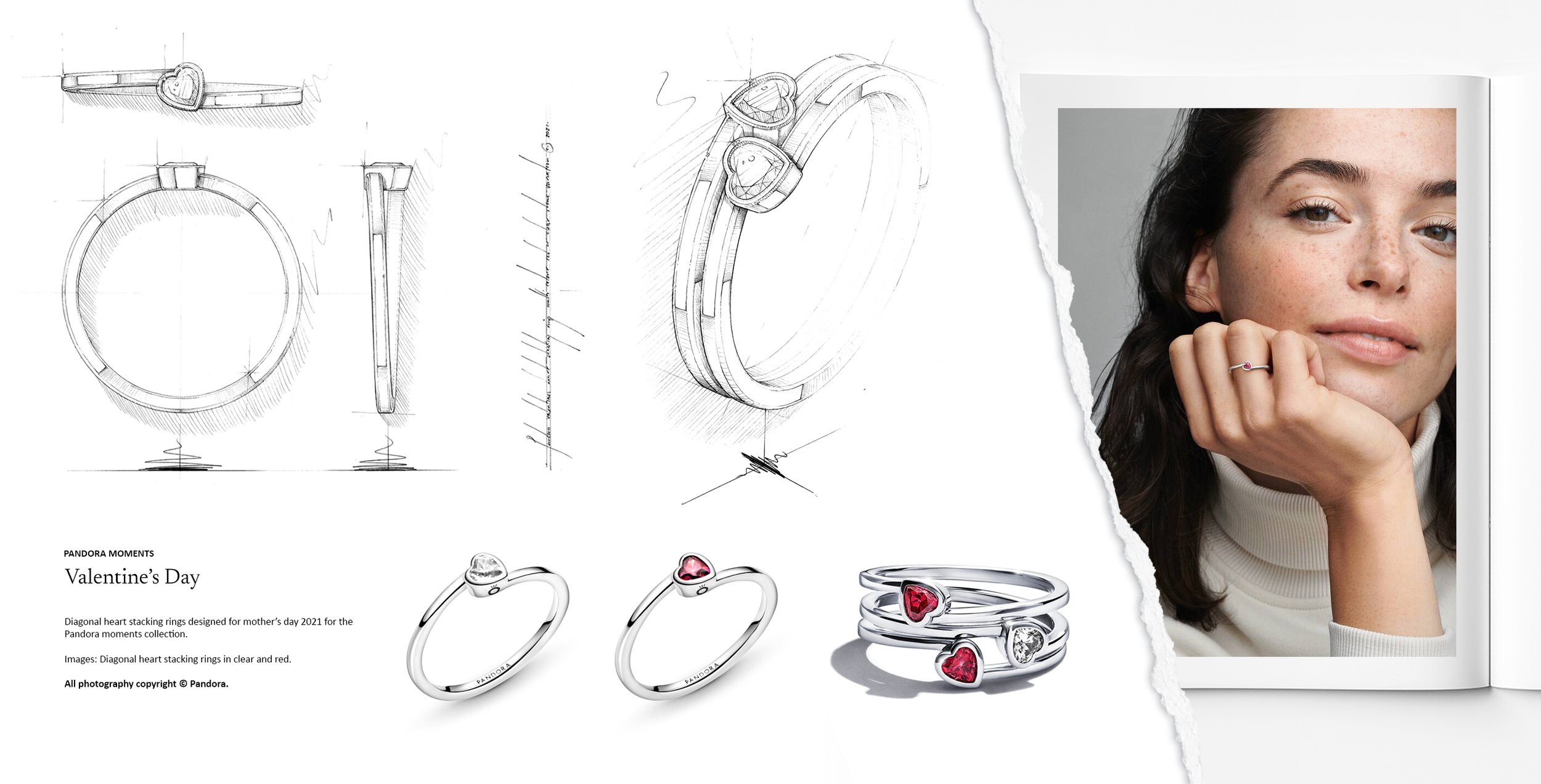 Pandora Valentine’s Day heart stacking ring with diagonal heart setting, shown with original jewellery design sketches and final product development by Myles Day Jewellery Artist.