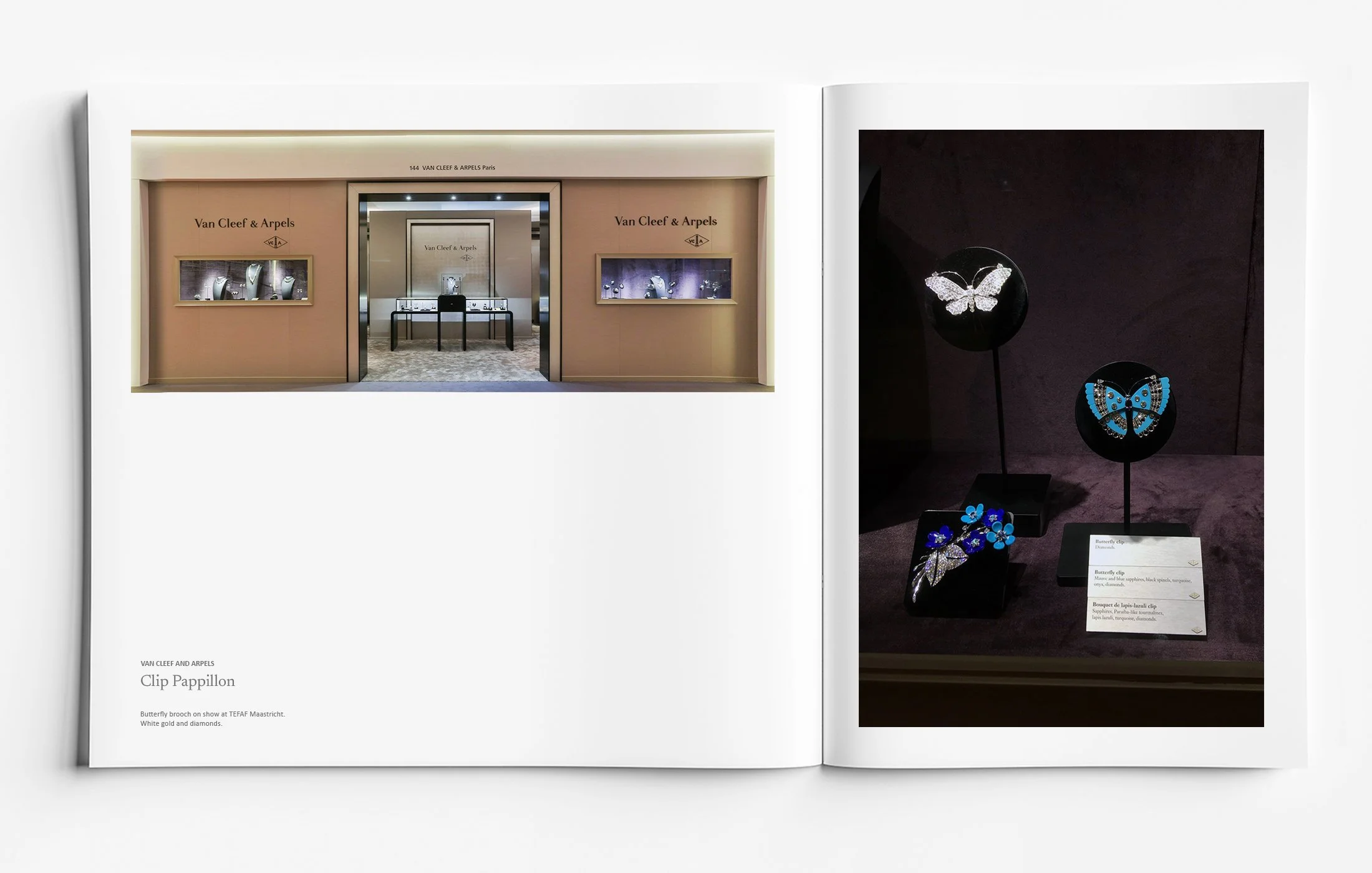 high jewellery butterfly brooch exhibited at TEFAF Maastricht, white gold and diamonds displayed in curated exhibition setting. International high jewellery design showcase by Myles Day jewellery artist.