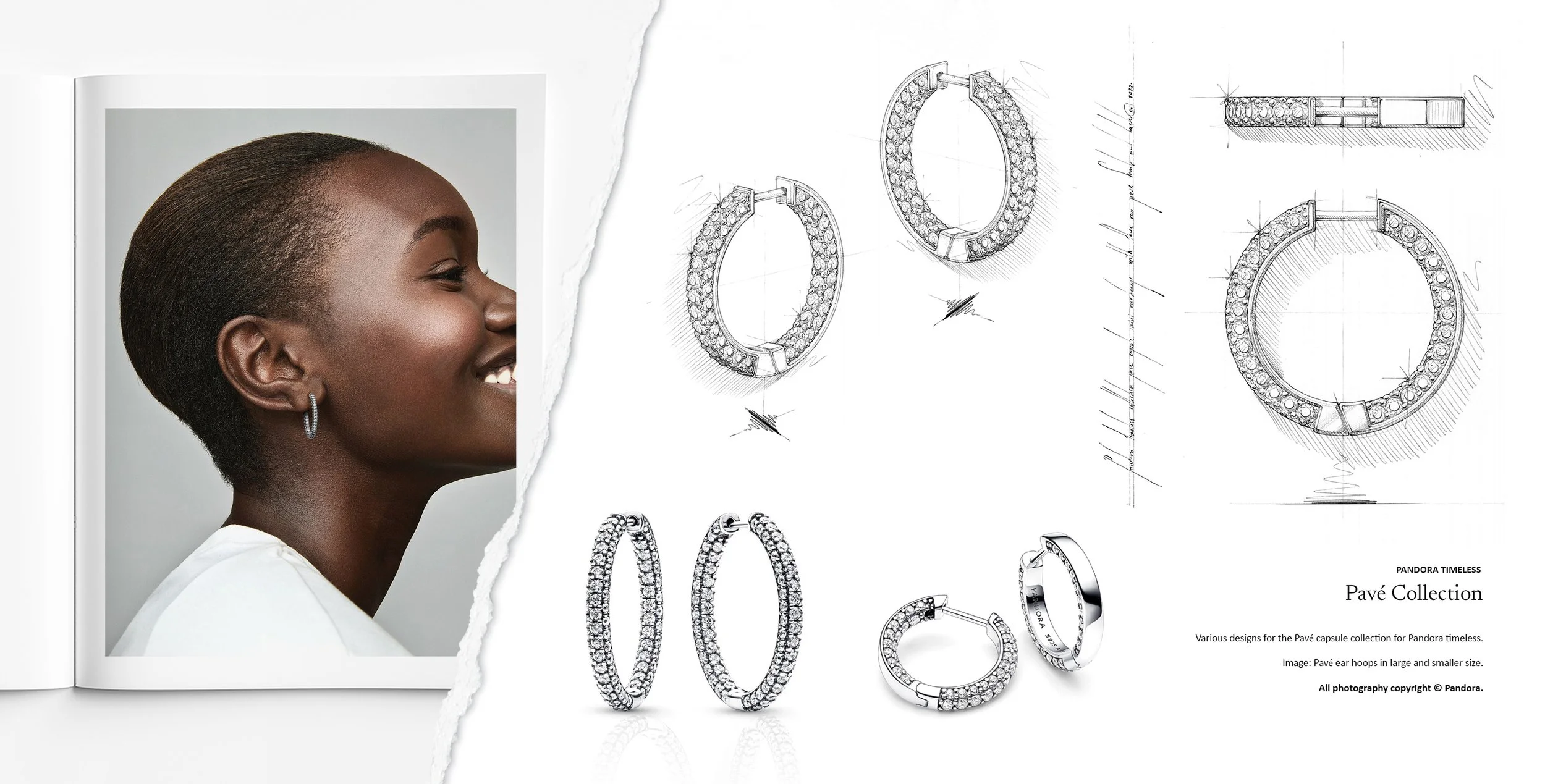 Jewellery design drawing sketch of Pandora Pavé collection pavé hoop earrings in large and small sizes by Myles Day Jewellery Artist.