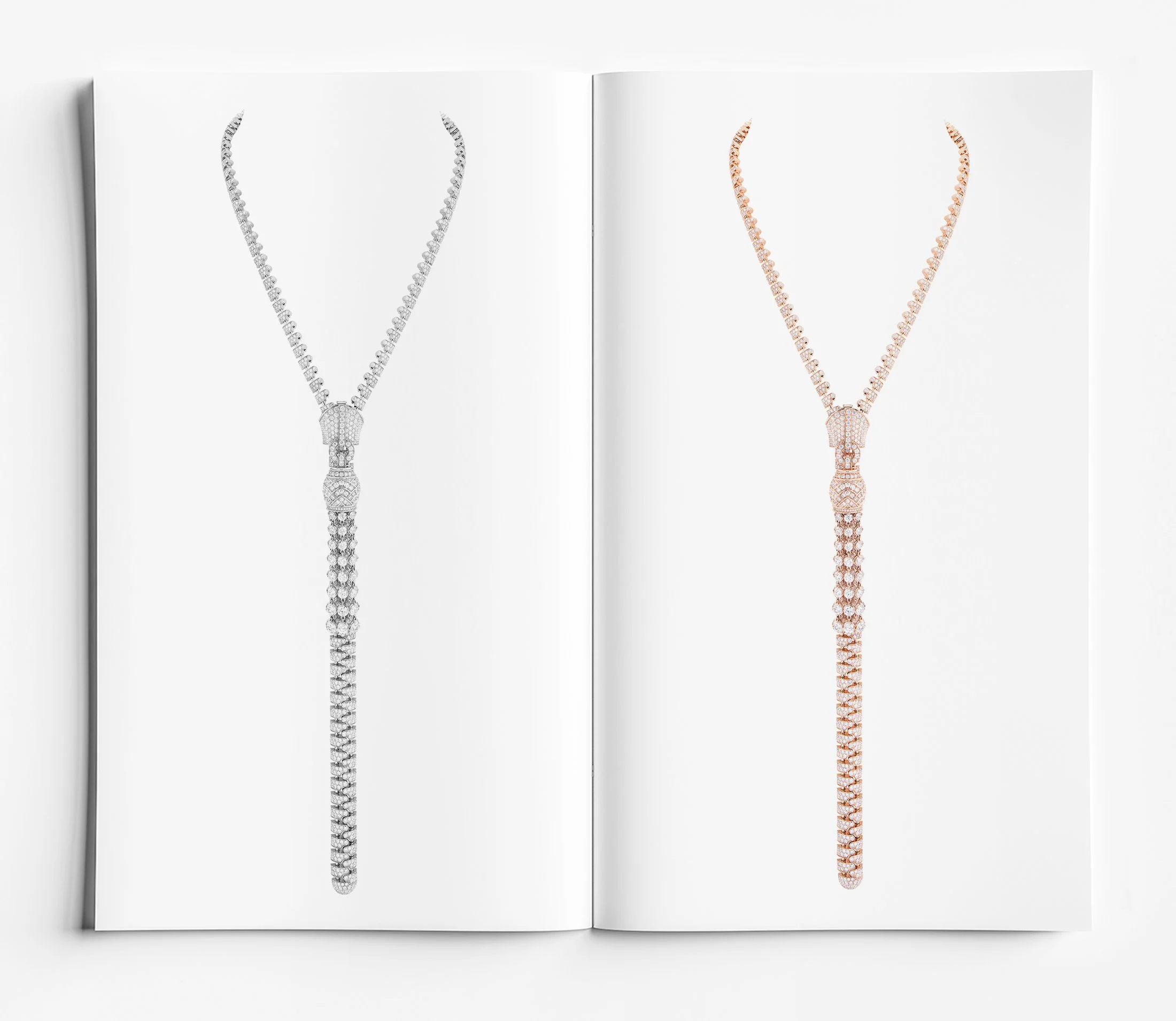 High jewellery zip necklace in white gold and rose gold set entirely with white diamonds, demonstrating structural complexity and precision stone setting in luxury high jewellery design by Myles Day Jewellery Artist.