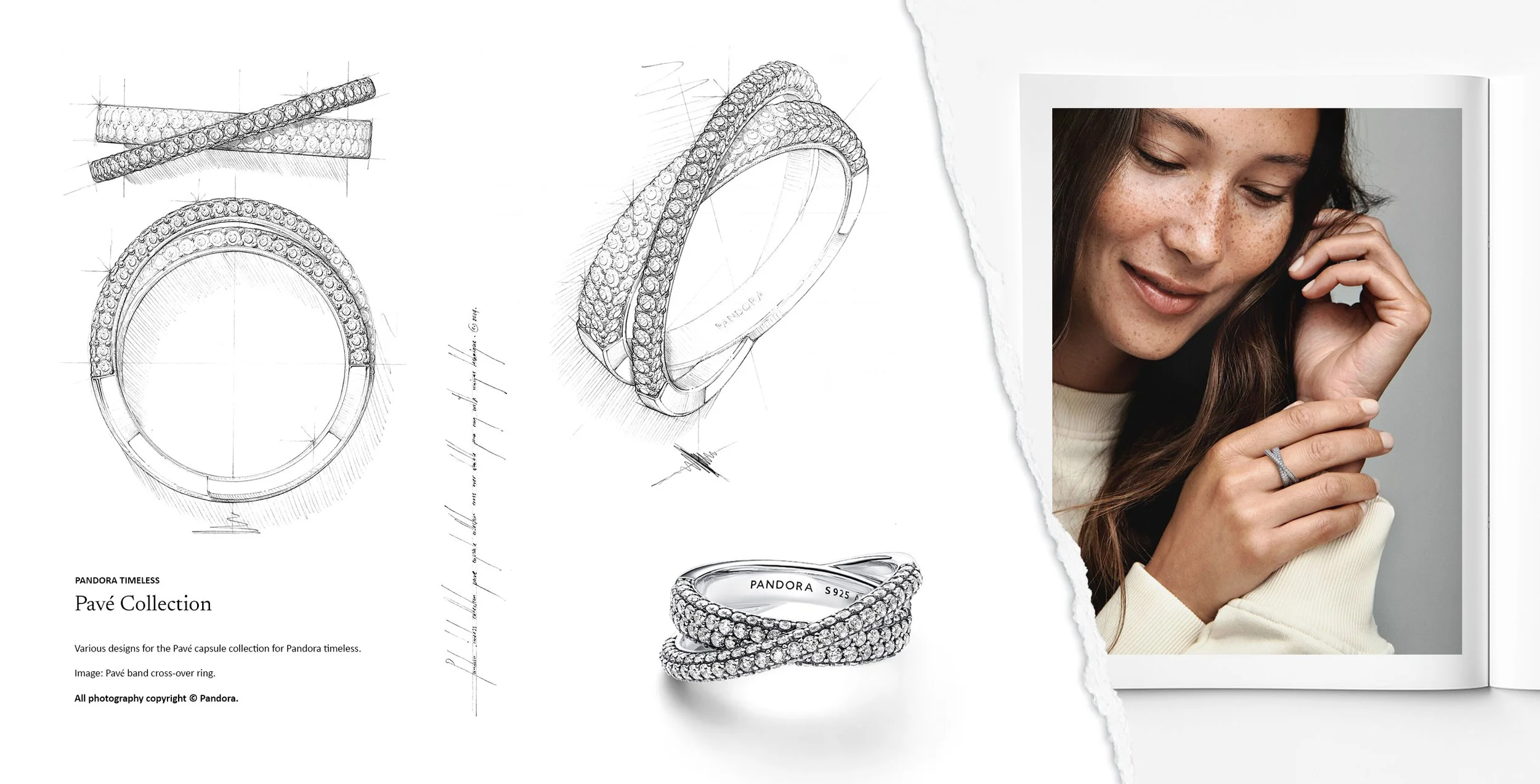 Jewellery design drawing sketch of Pandora Pavé collection cross-over pavé ring by Myles Day Jewellery Artist.