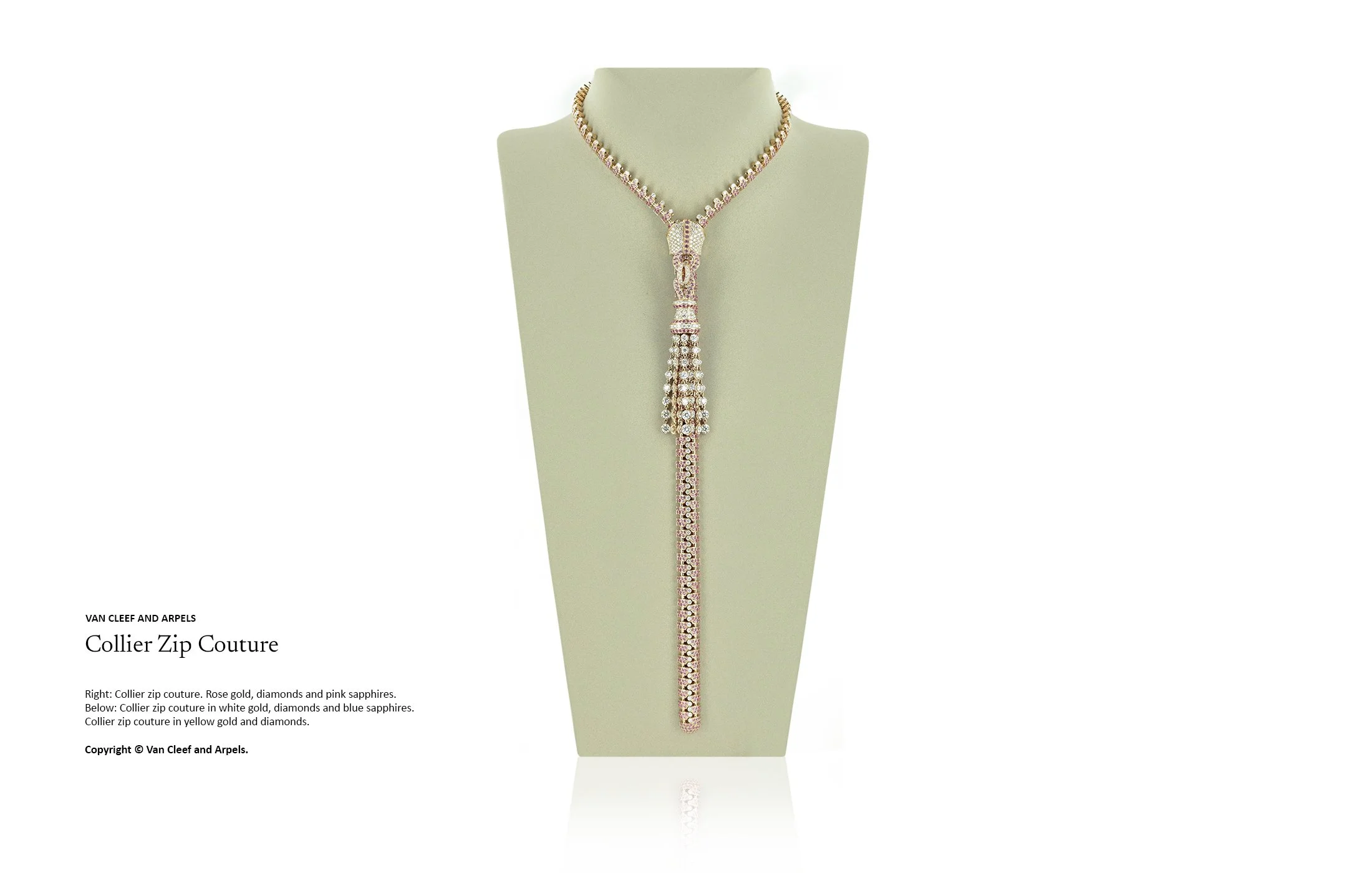 High jewellery zip necklace in rose gold with pink sapphires and white diamonds, worn on display bust to emphasise movement and vertical silhouette in high jewellery design by Myles Day Jewellery Artist.