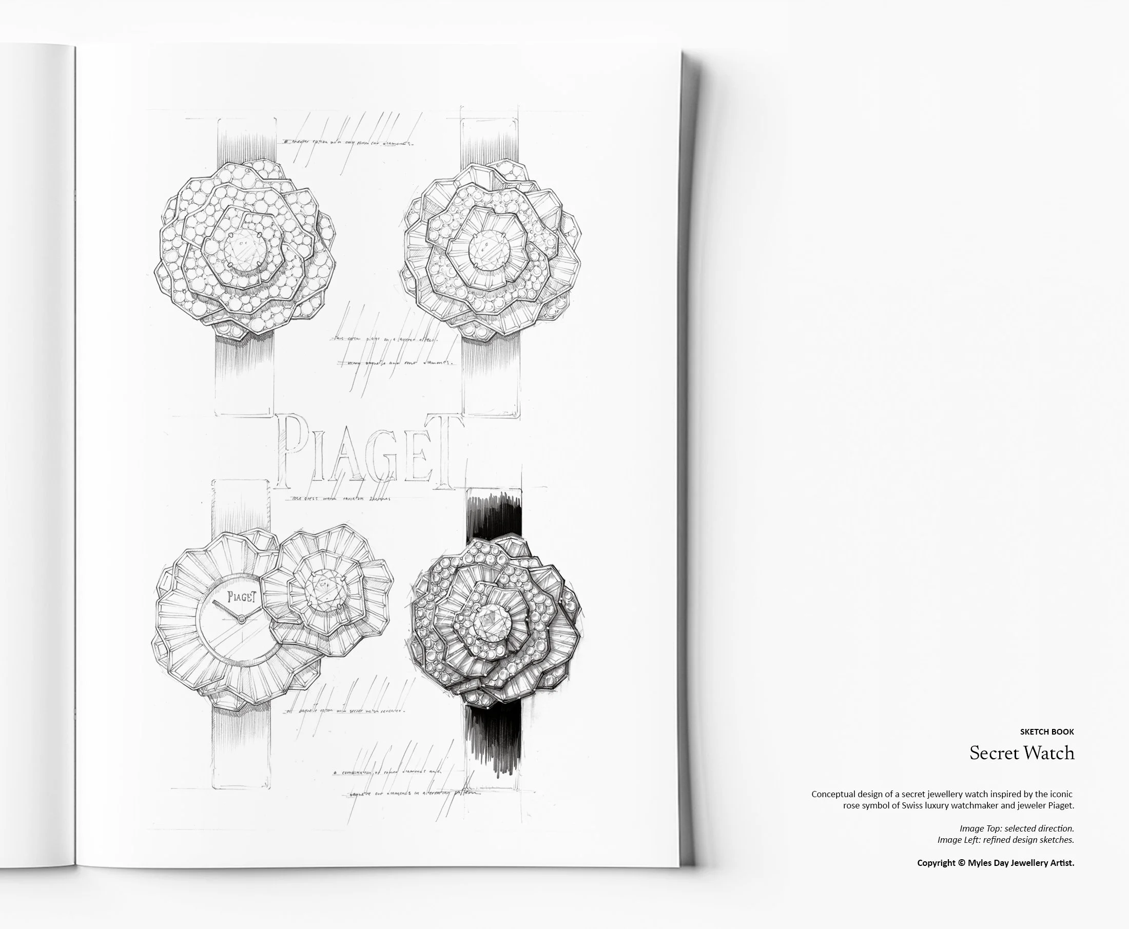 Refined high jewellery secret watch design sketch featuring layered diamond floral construction by Myles Day Jewellery Artist
