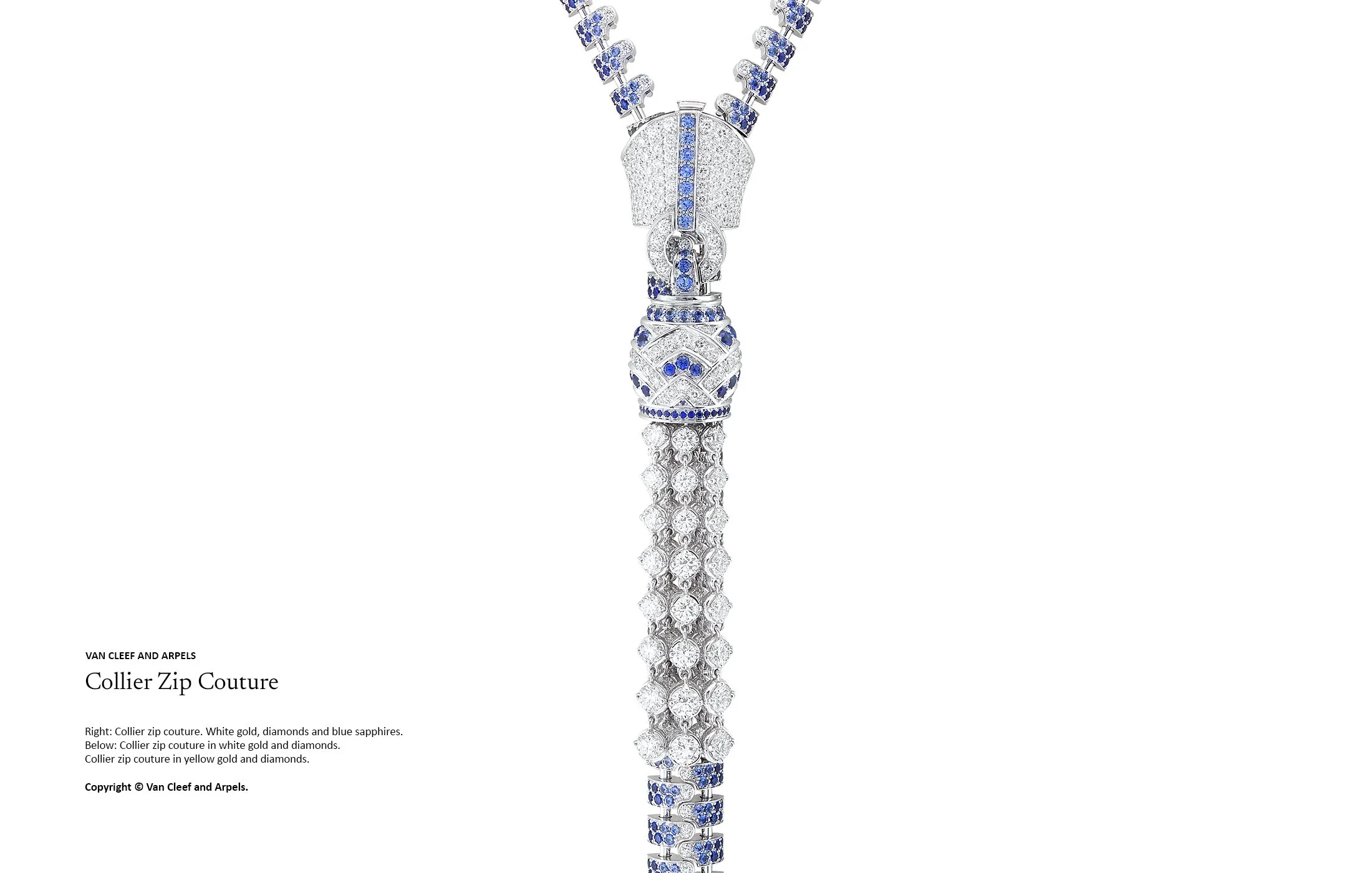 High jewellery zip necklace crafted in white gold with white diamonds and blue sapphires, design by Myles Day Jewellery Artist.