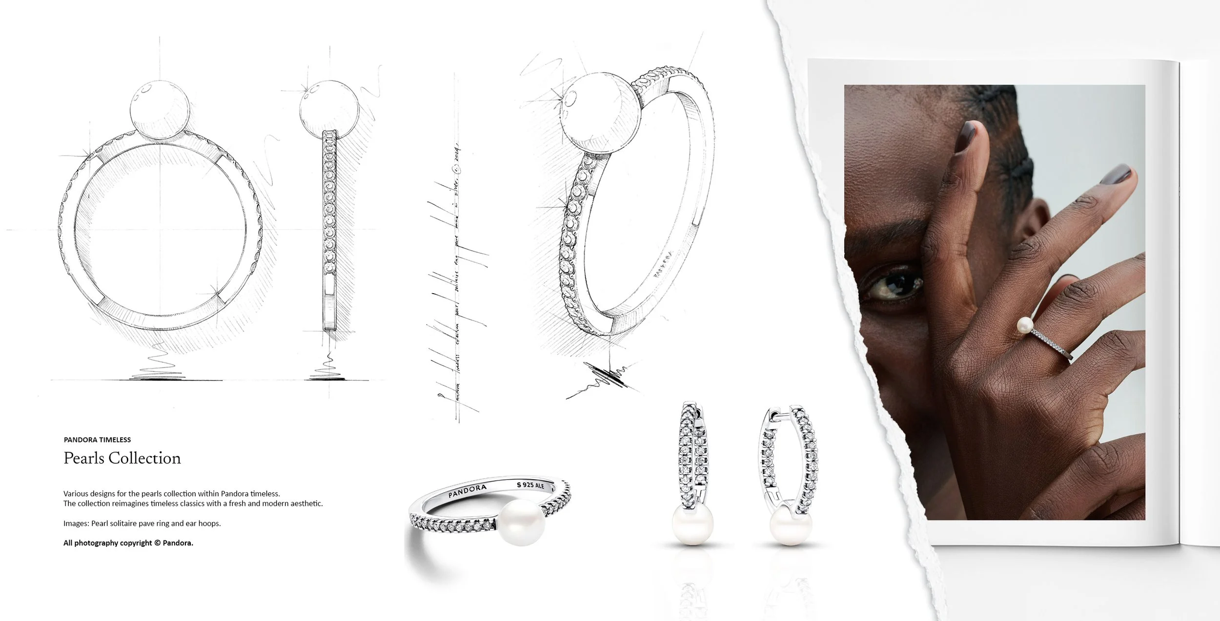 Pandora Pearls collection pavé pearl solitaire ring and diamond-set hoop earrings, featuring contemporary pearl jewellery design and concept sketching by Myles Day Jewellery Artist.