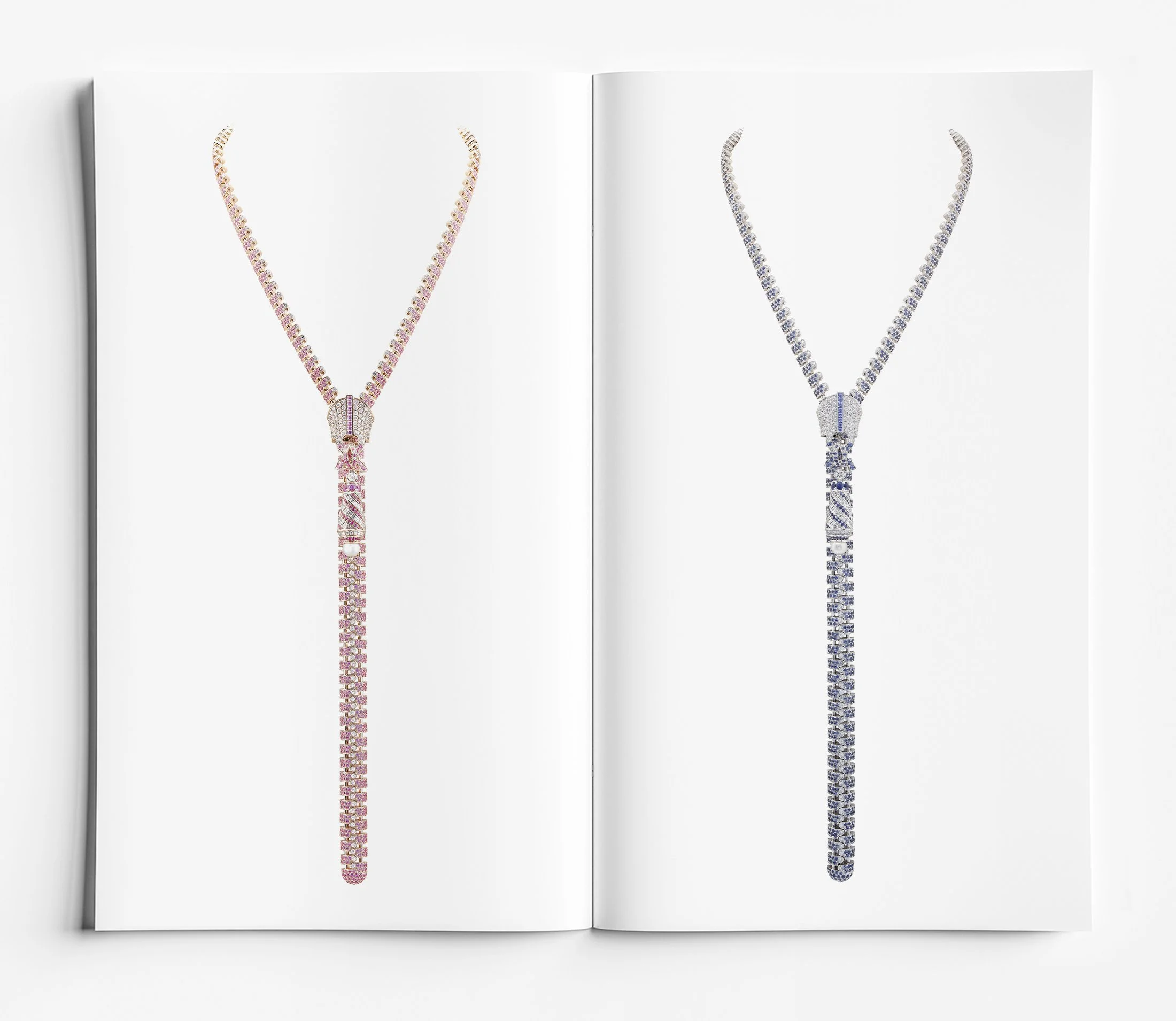 High jewellery zip necklace variations featuring pink sapphires and blue sapphires set with white diamonds in white and rose gold, design by Myles Day Jewellery Artist.