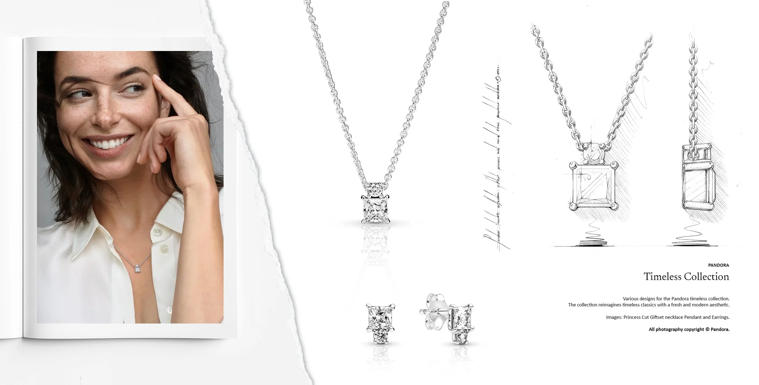 Pandora Pavé collection princess cut pendant necklace and matching earrings, featuring refined pavé setting and classic diamond silhouette, jewellery design and concept sketching by Myles Day Jewellery Artist.