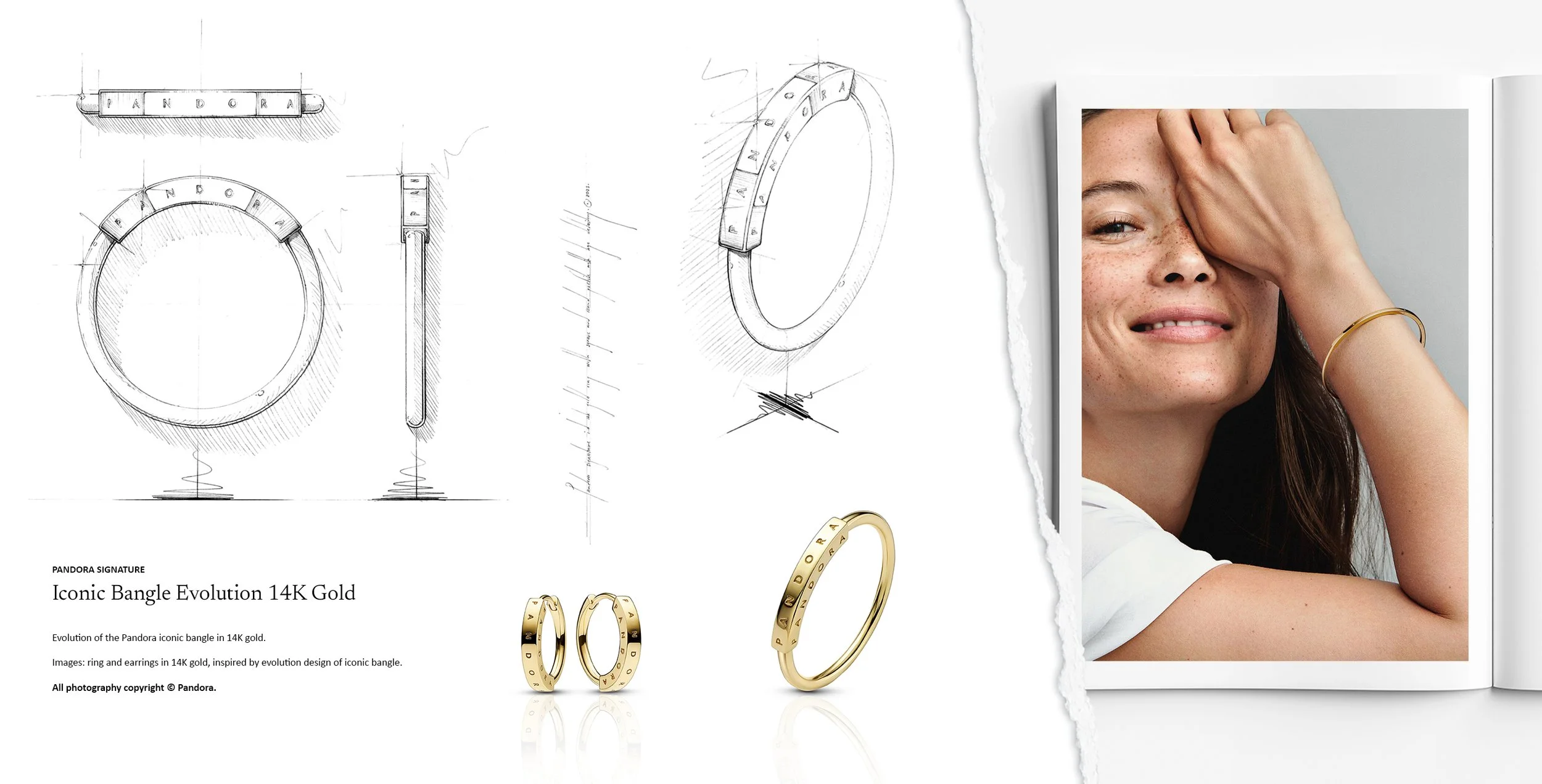 Pandora Signature 14K gold hoop earrings and logo pendant necklace, shown with jewellery design development sketches and final commercial pieces by Myles Day Jewellery Artist.