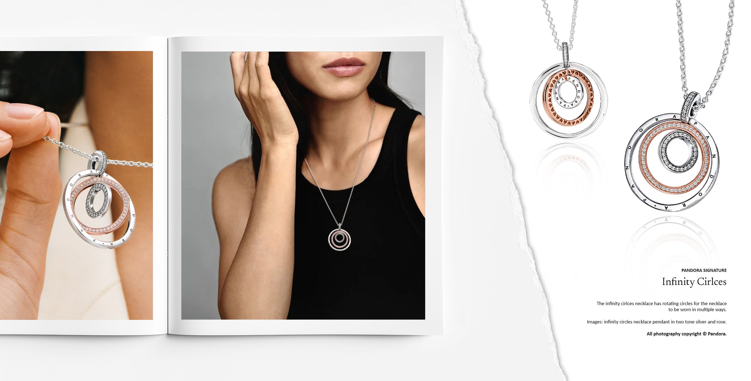 Pandora Signature Infinity Circles necklace with rotating layered pendants in silver and rose gold, contemporary jewellery design and development by Myles Day Jewellery Artist.