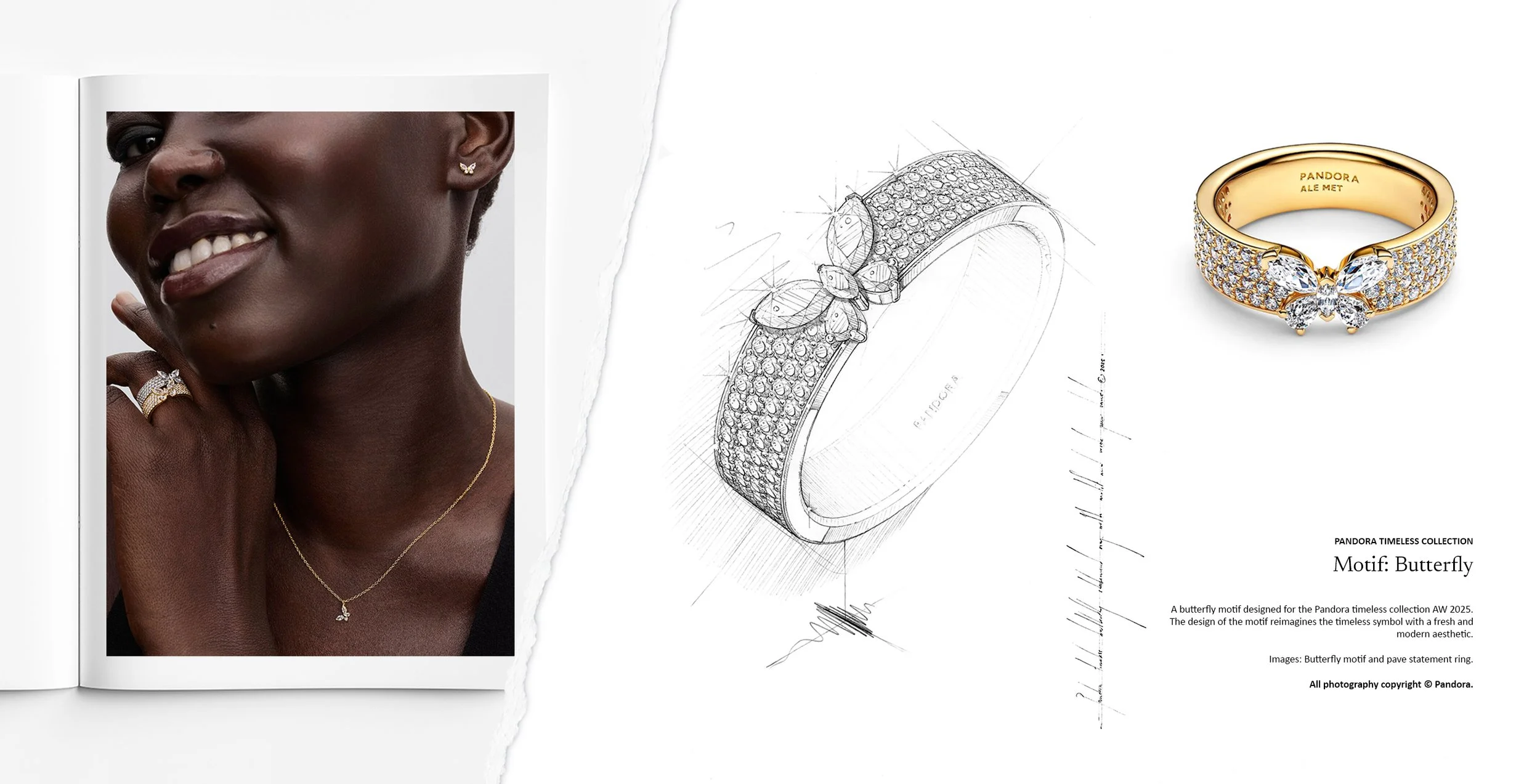 Butterfly motif statement ring from the Pandora Timeless Collection shown on model, as a jewellery design drawing, and finished pavé gold ring. Design by Myles Day Jewellery Artist.