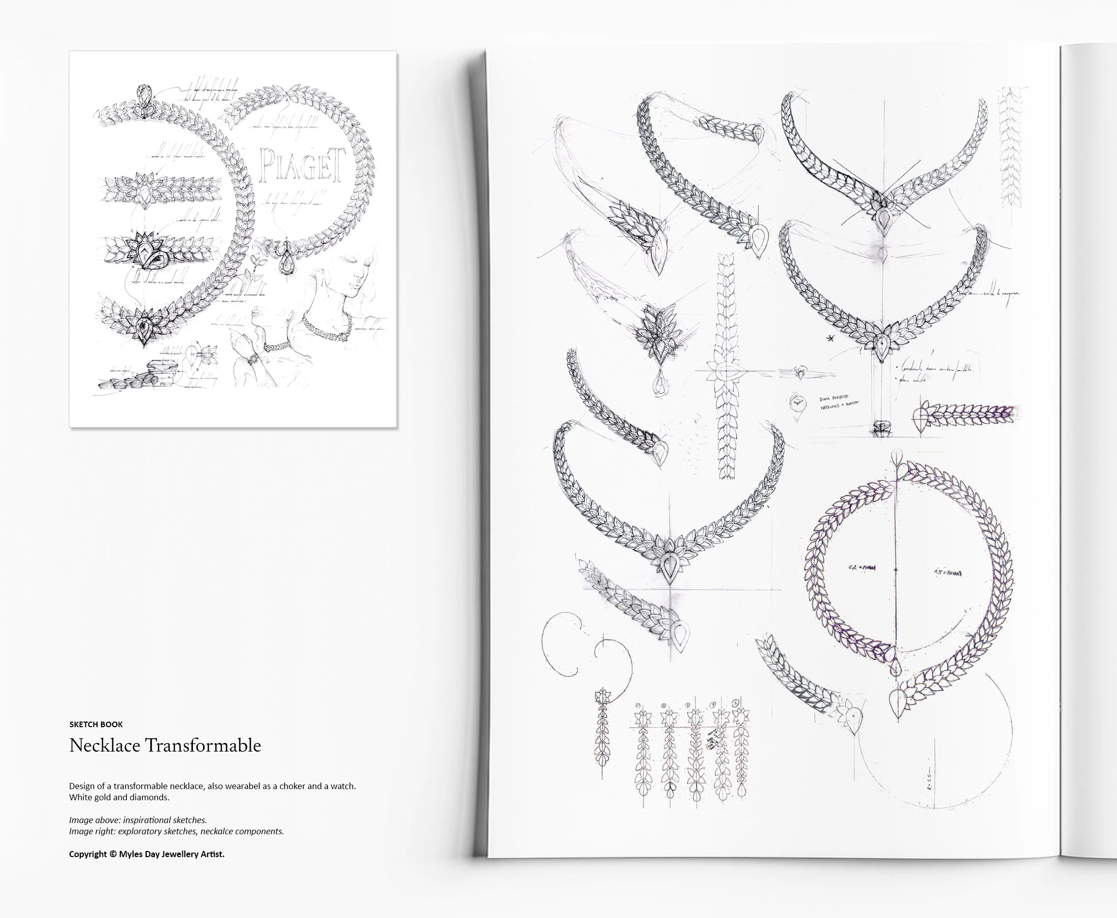 Exploratory sketches for a high jewellery transformable diamond necklace and choker concept by Myles Day Jewellery Artist