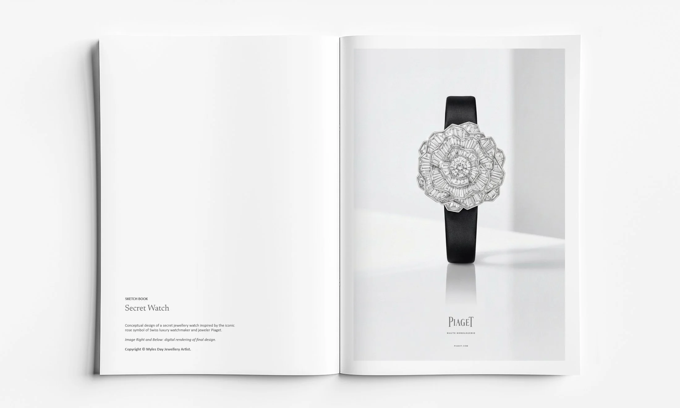 Luxury high jewellery white gold and diamond secret watch design concept by Myles Day Jewellery Artist in studio setting