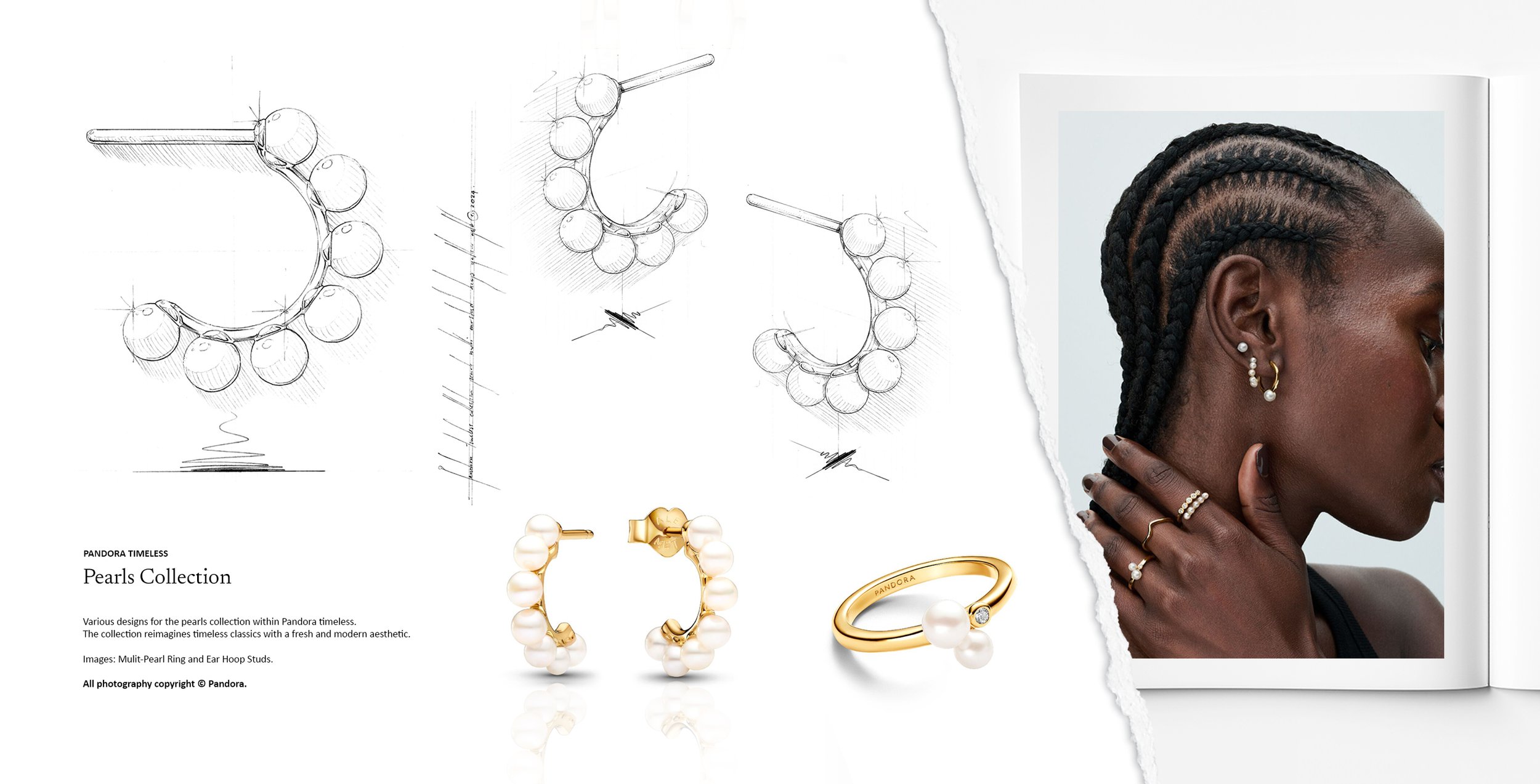 Pandora Pearls collection multi-pearl hoop stud earrings and modern pearl ring, including technical jewellery design sketching and product execution by Myles Day Jewellery Artist.