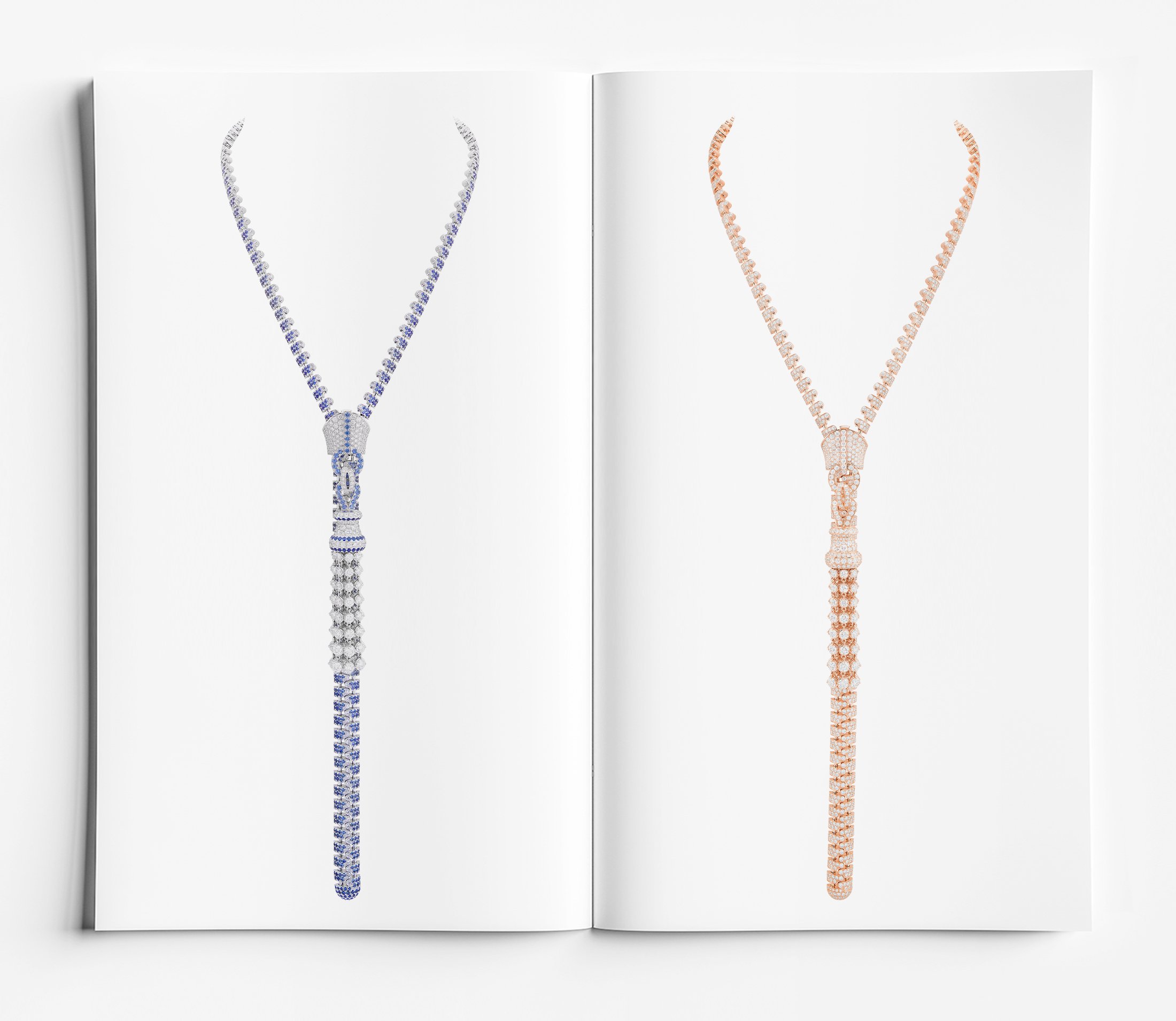 High jewellery zip necklace variations in white gold with blue sapphires and in rose gold with white diamonds, presented in editorial format highlighting technical innovation and couture high jewellery design by Myles Day Jewellery Artist.