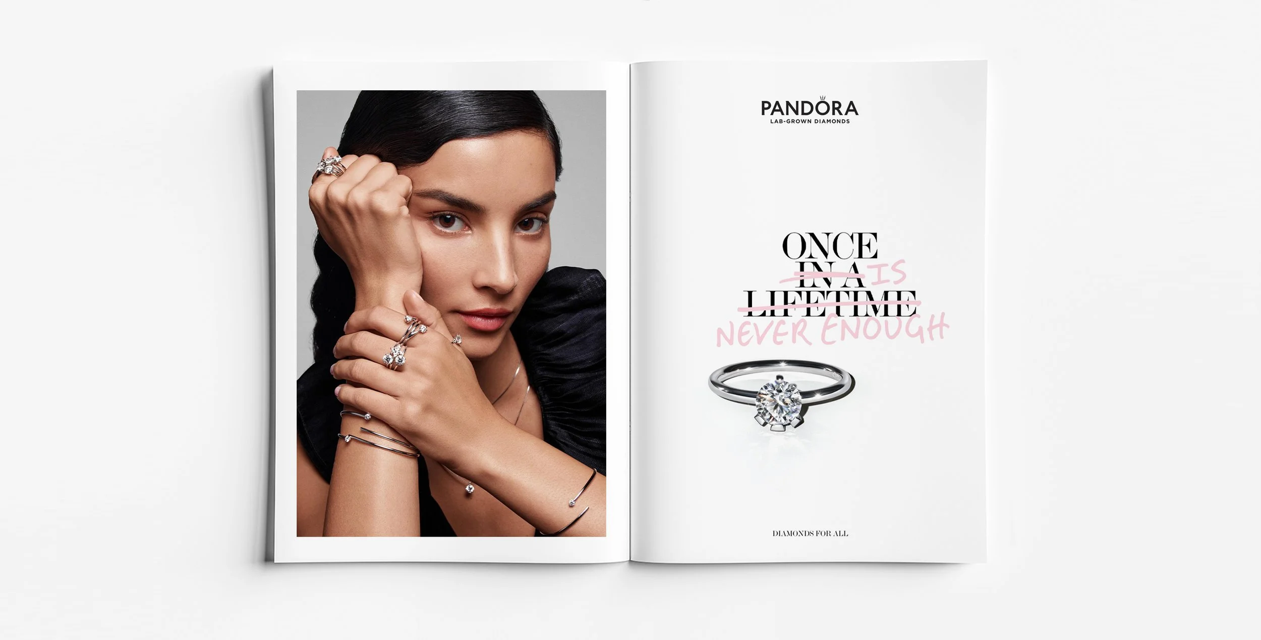Pandora Lab Grown Diamonds “Once In A Lifetime” campaign featuring solitaire diamond ring. Design by Myles Day Jewellery Artist.