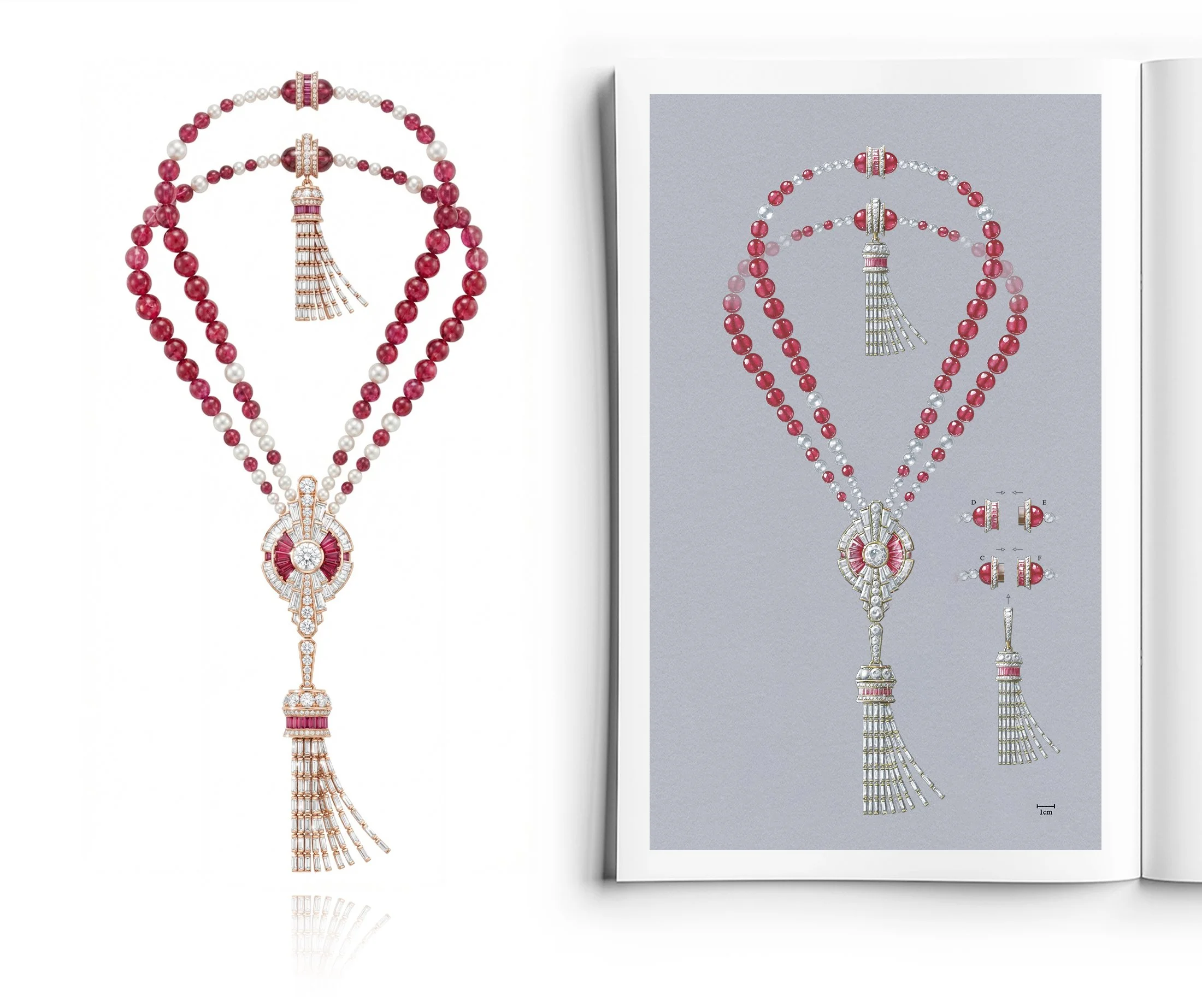 High jewellery transformable sautoir necklace variation gouache rendering featuring rubellite beads, pearls and diamond-set rose gold tassel by Myles Day Jewellery Artist