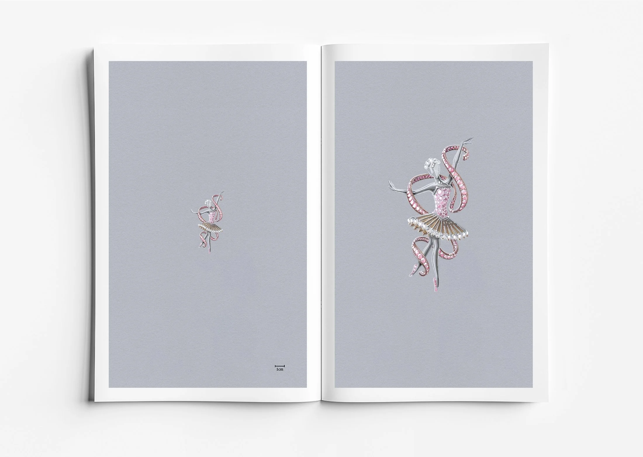 High jewellery ballerina brooch, white gold and rose gold with white diamonds and pink sapphires, gouache rendering, high jewellery design development by Myles Day Jewellery Artist.