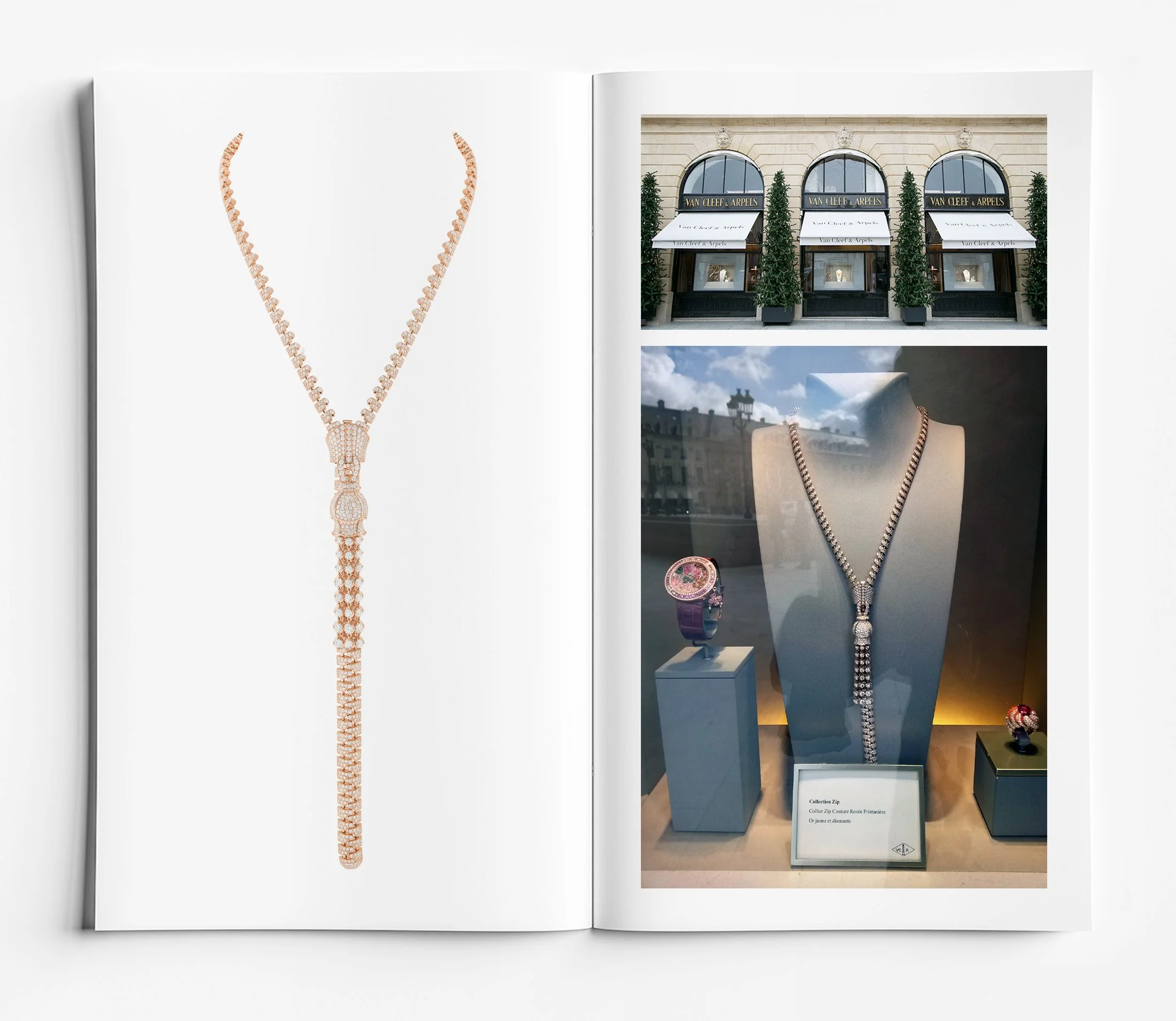 High jewellery zip necklace in rose gold and white diamonds displayed at Place Vendôme, design by Myles Day Jewellery Artist.