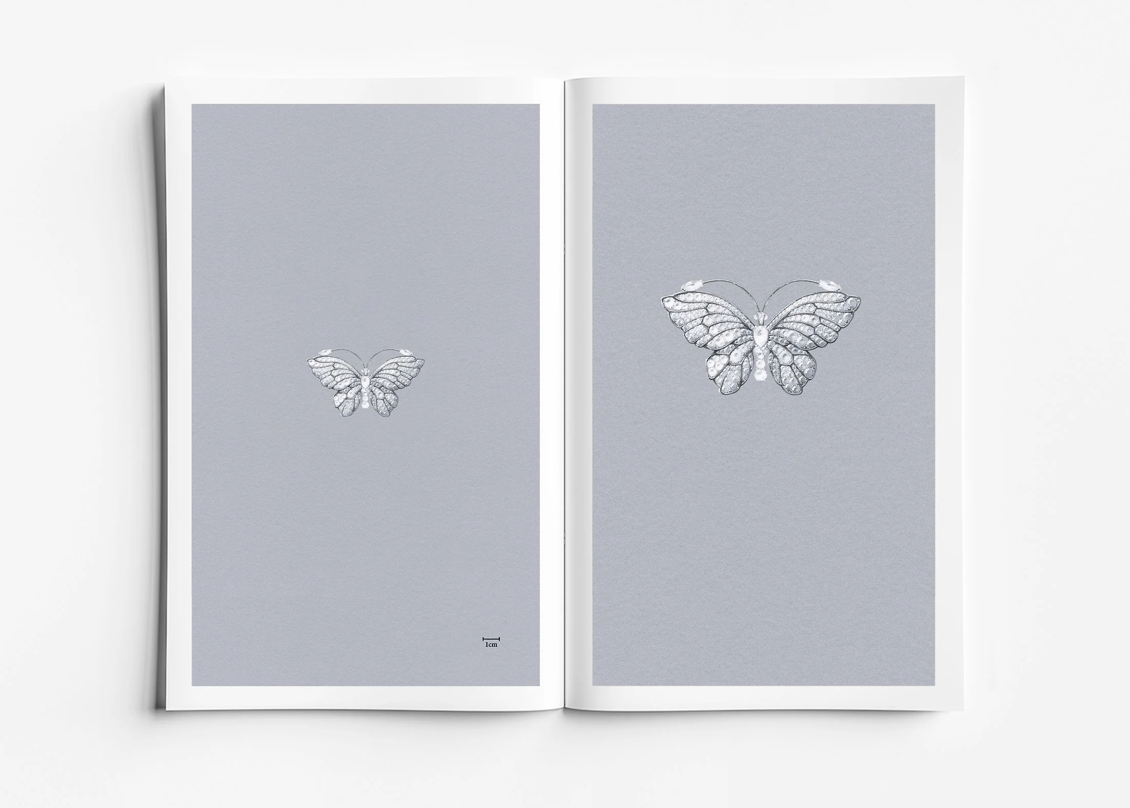 Gouache rendering, butterfly brooch in white gold and diamonds presented in comparative scale format, highlighting proportion and diamond setting detail. High jewellery design presentation by Myles Day jewellery artist.