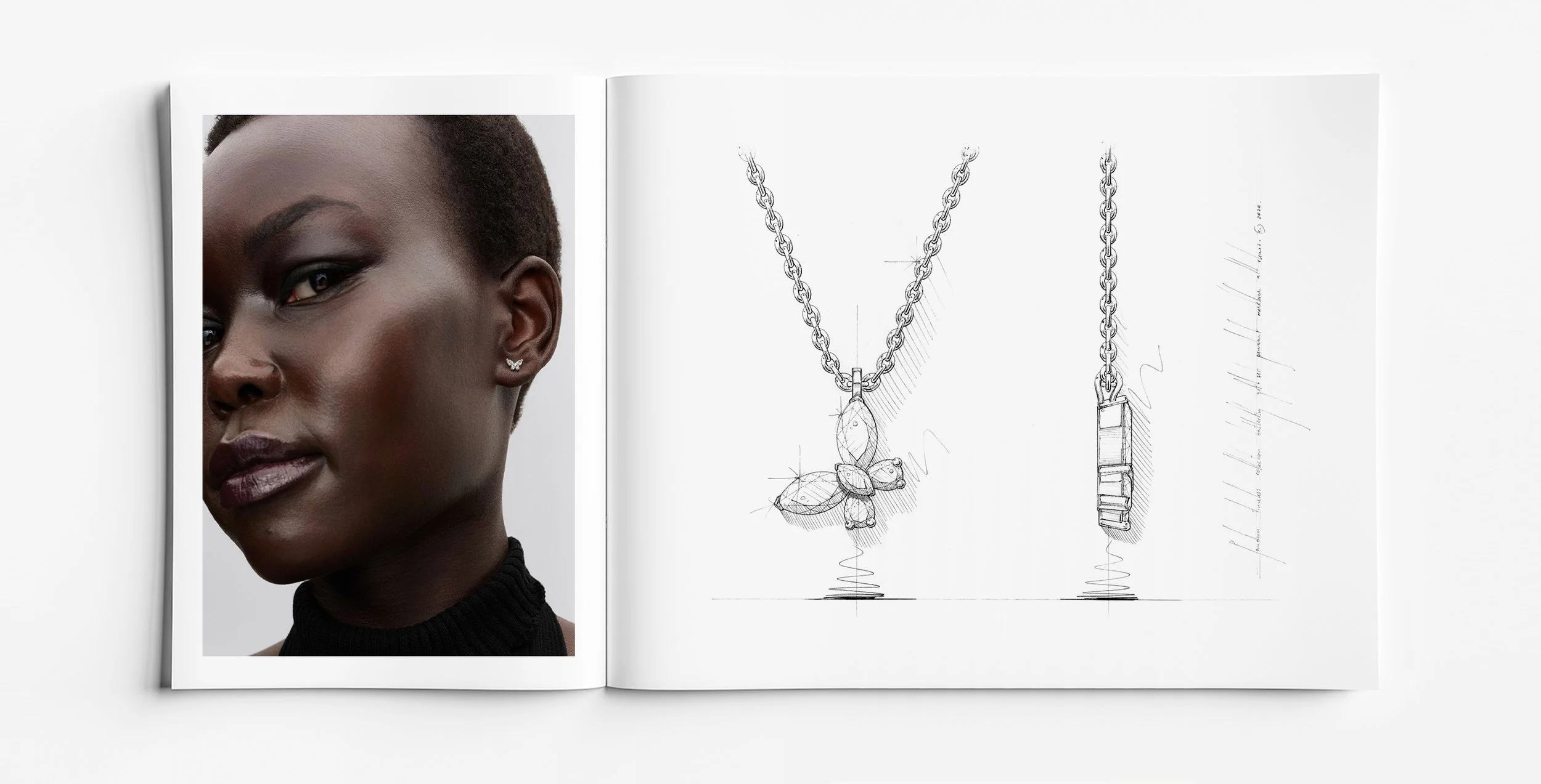 Pandora Timeless Collection butterfly motif necklace and stud earrings in sterling silver shown with jewellery design drawings. Design by Myles Day Jewellery Artist.