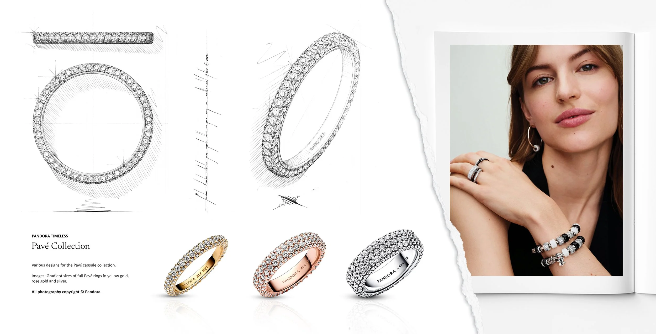 Jewellery design drawing sketch of Pandora Pavé collection full pavé band rings in yellow gold, rose gold and silver by Myles Day Jewellery Artist.