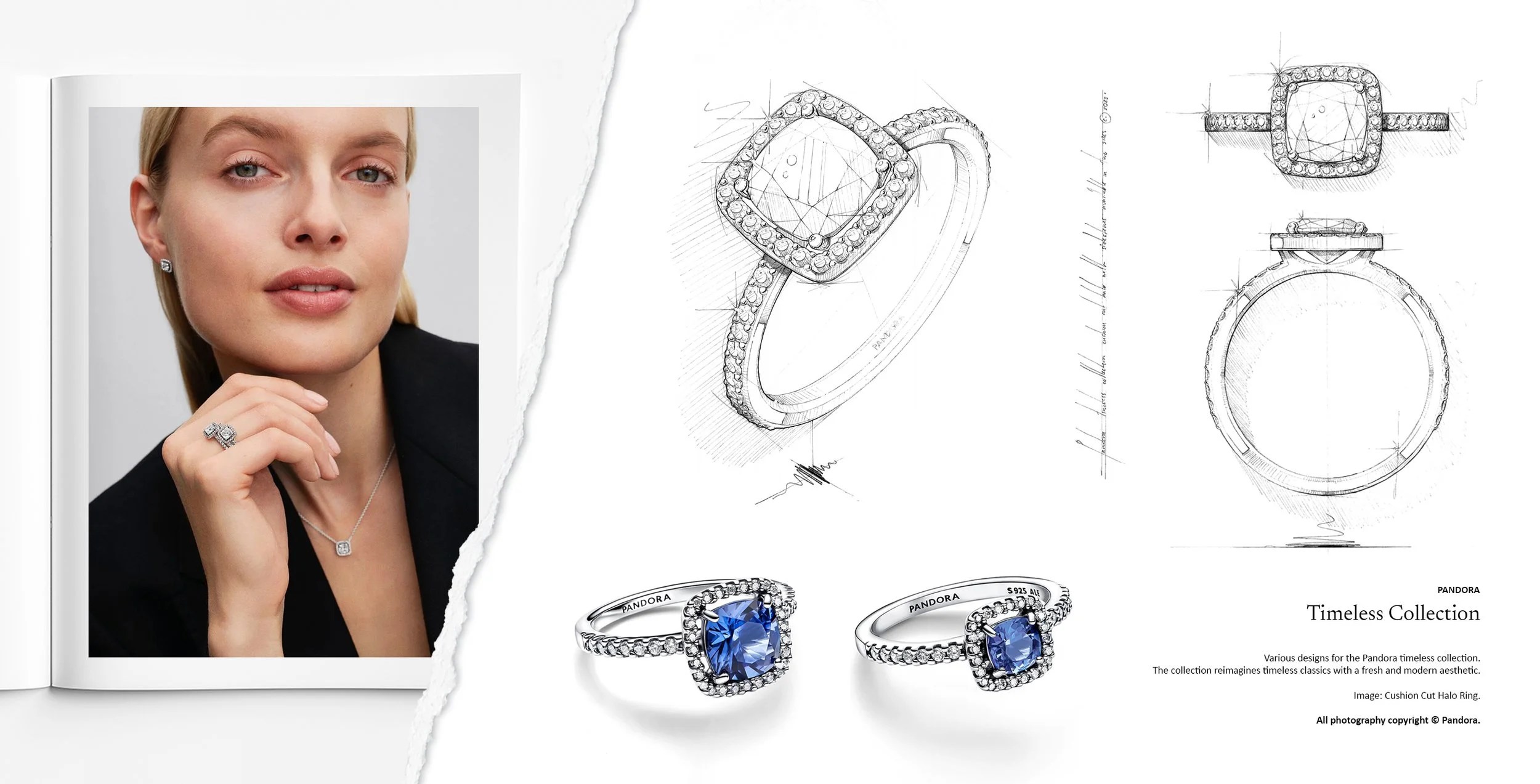 Pandora Pavé collection cushion cut halo ring with blue centre stone and pavé diamond setting, shown with detailed jewellery design sketches and finished pieces, designed by Myles Day Jewellery Artist.