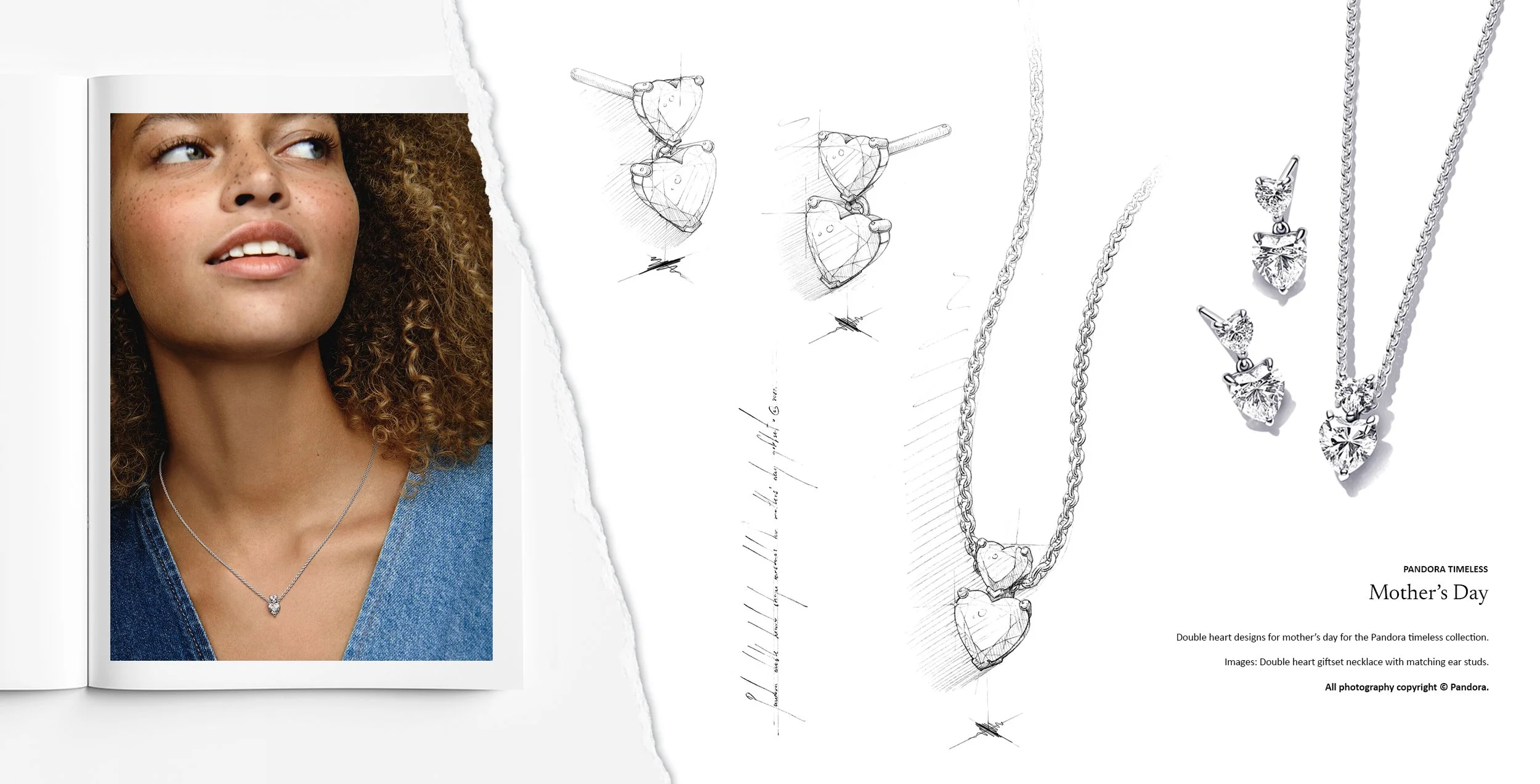 Pandora double heart necklace pendant and matching earrings for Mother’s Day, featuring heart-cut stones and halo settings, jewellery design and concept sketching by Myles Day Jewellery Artist.