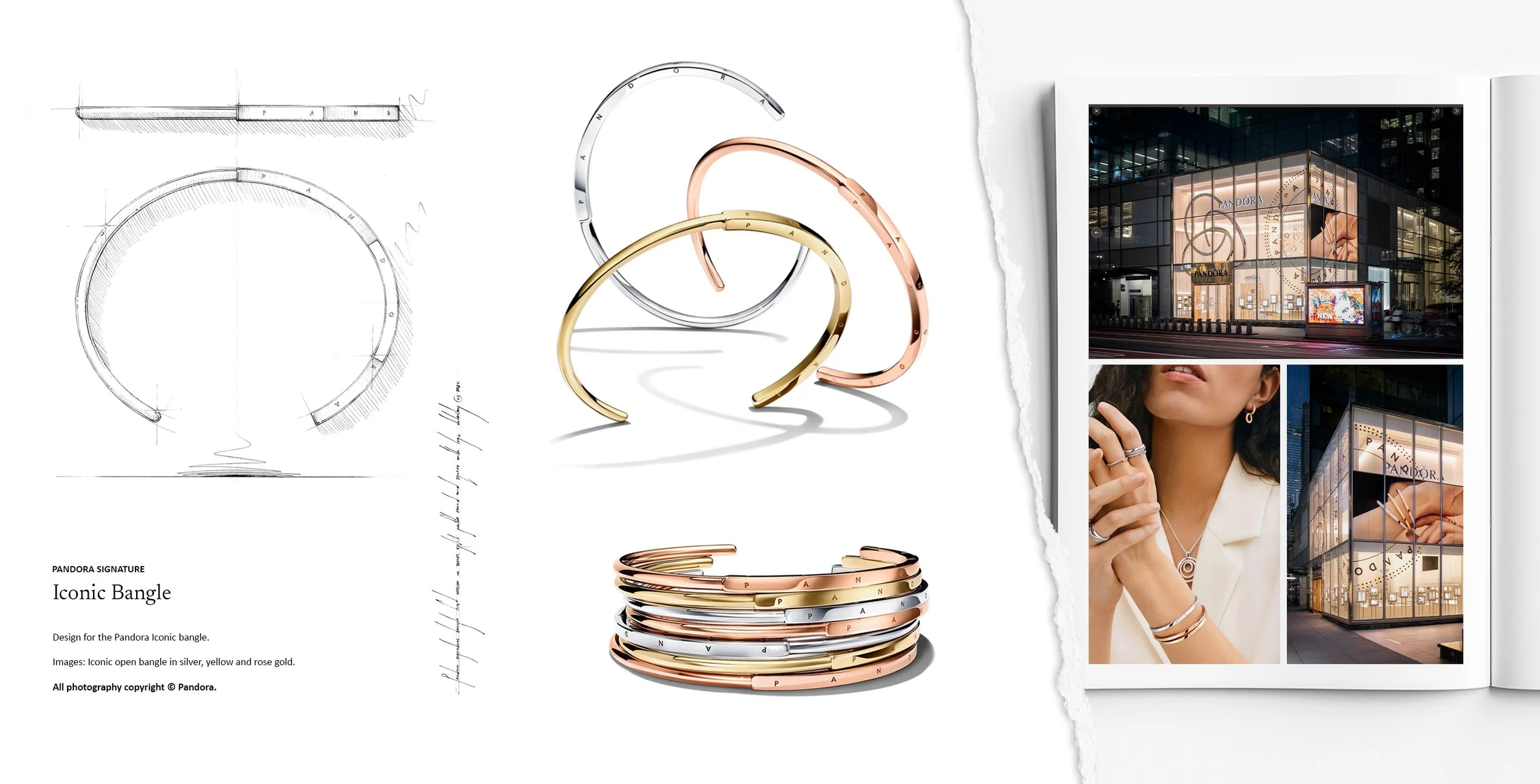 Pandora Signature Iconic Bangle evolution in silver, yellow gold and rose gold, featuring engraved logo details and refined geometry, jewellery design created by Myles Day Jewellery Artist.