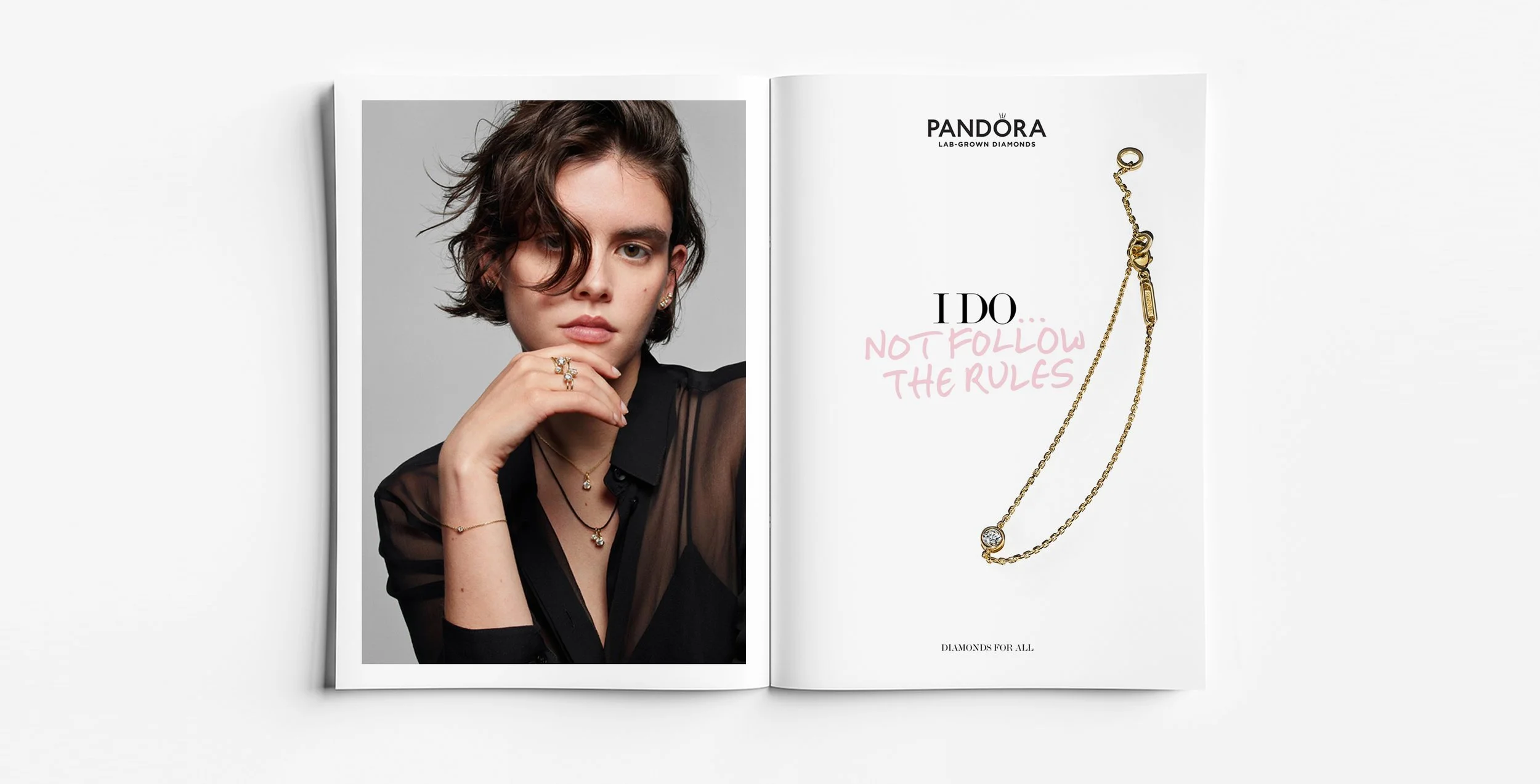 Pandora Lab Grown Diamonds “I Do” campaign featuring diamond bracelet. Design by Myles Day Jewellery Artist.
