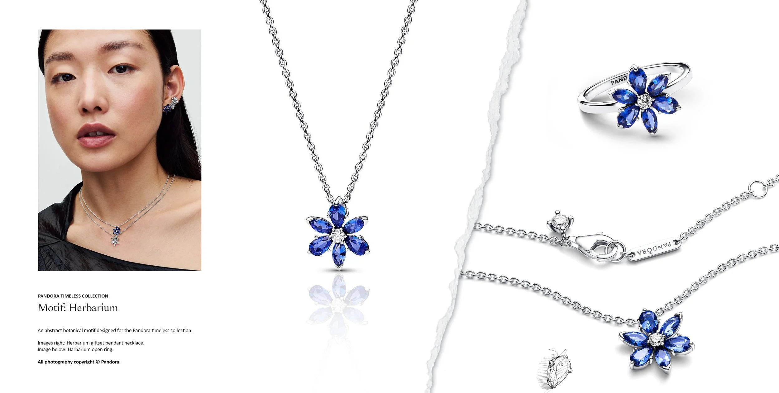 Pandora Herbarium silver open ring with asymmetrical botanical motif, presented with jewellery design drawing sketch, jewellery design by Myles Day jewellery artist.