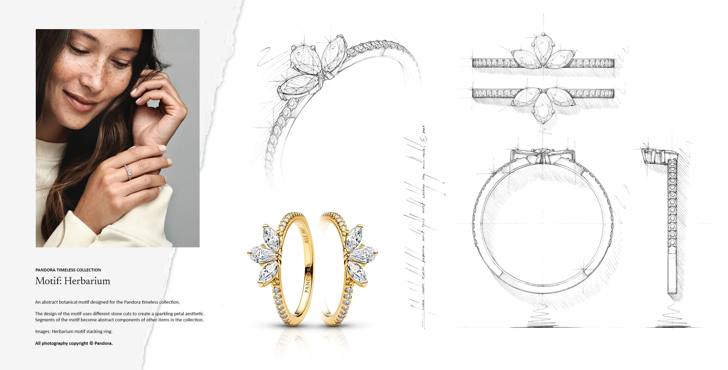 Pandora Herbarium gold stacking ring with botanical stone cluster, displayed with jewellery design drawing sketch, jewellery design by Myles Day jewellery artist.