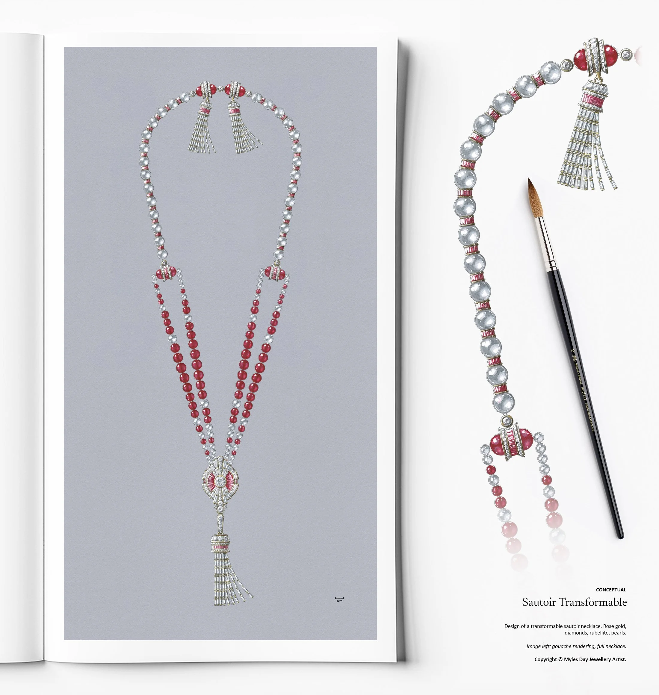 Gouache rendering of a high jewellery transformable sautoir necklace in rose gold set with diamonds, pearls and rubellite by Myles Day Jewellery Artist