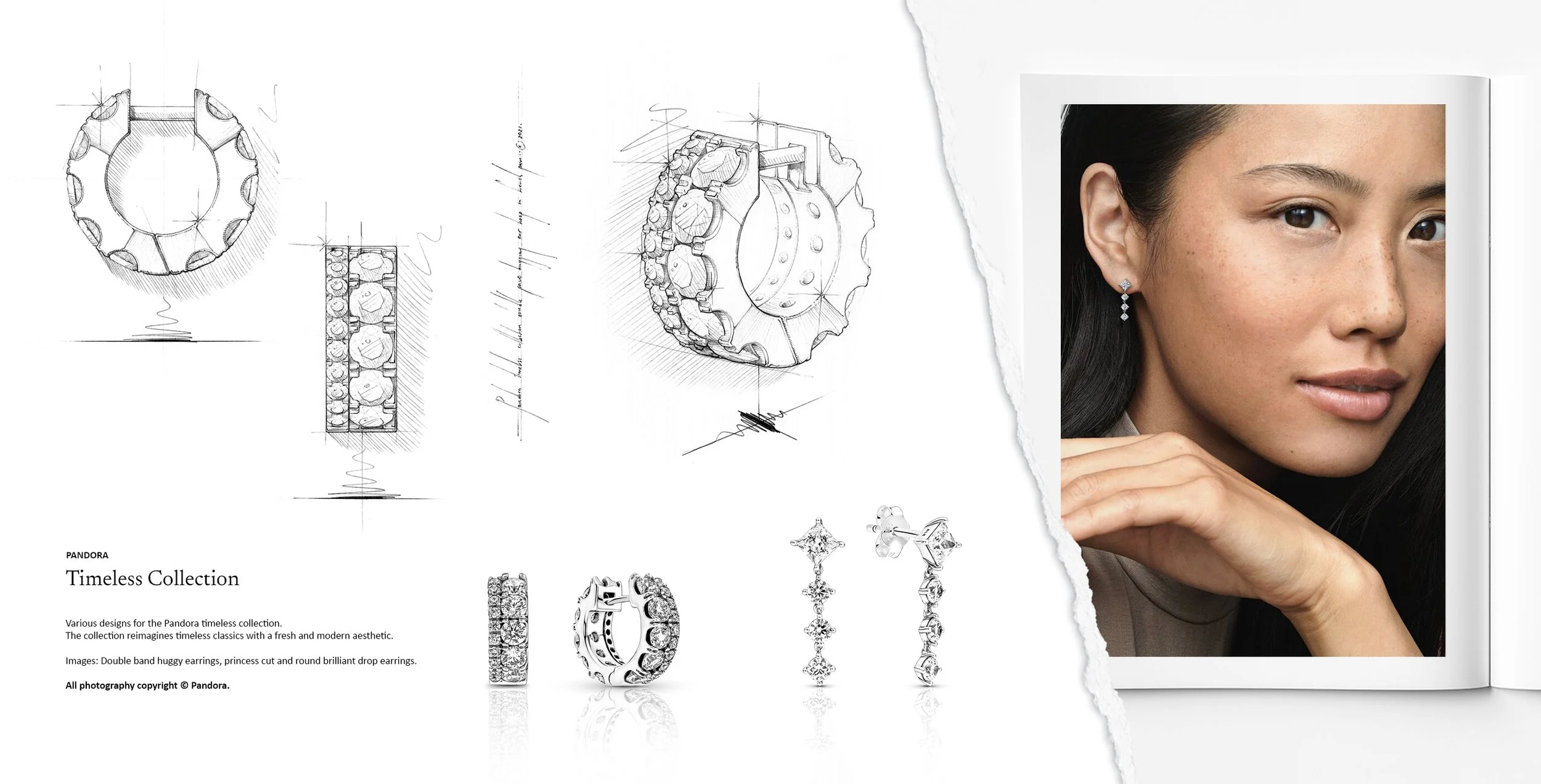 Pandora Pavé collection double huggie earrings and princess cut drop earrings with pavé diamond detailing, shown alongside technical jewellery design sketches, created by Myles Day Jewellery Artist.