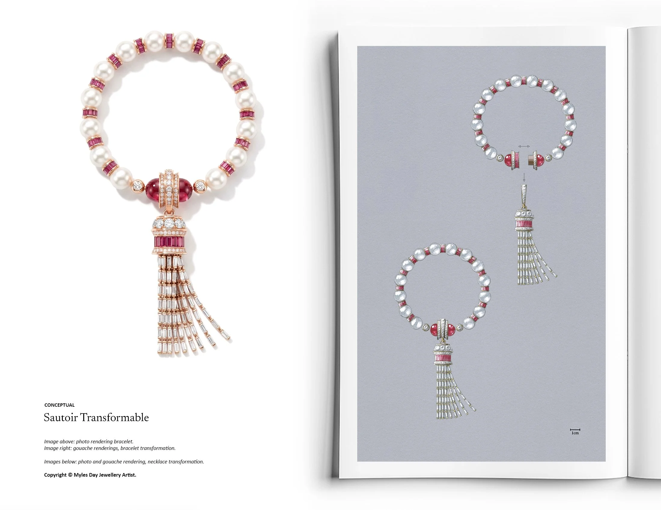 Gouache rendering of luxury high jewellery transformable sautoir necklace bracelet variation in rose gold with diamond, pearl and rubellite tassel detail by Myles Day Jewellery Artist