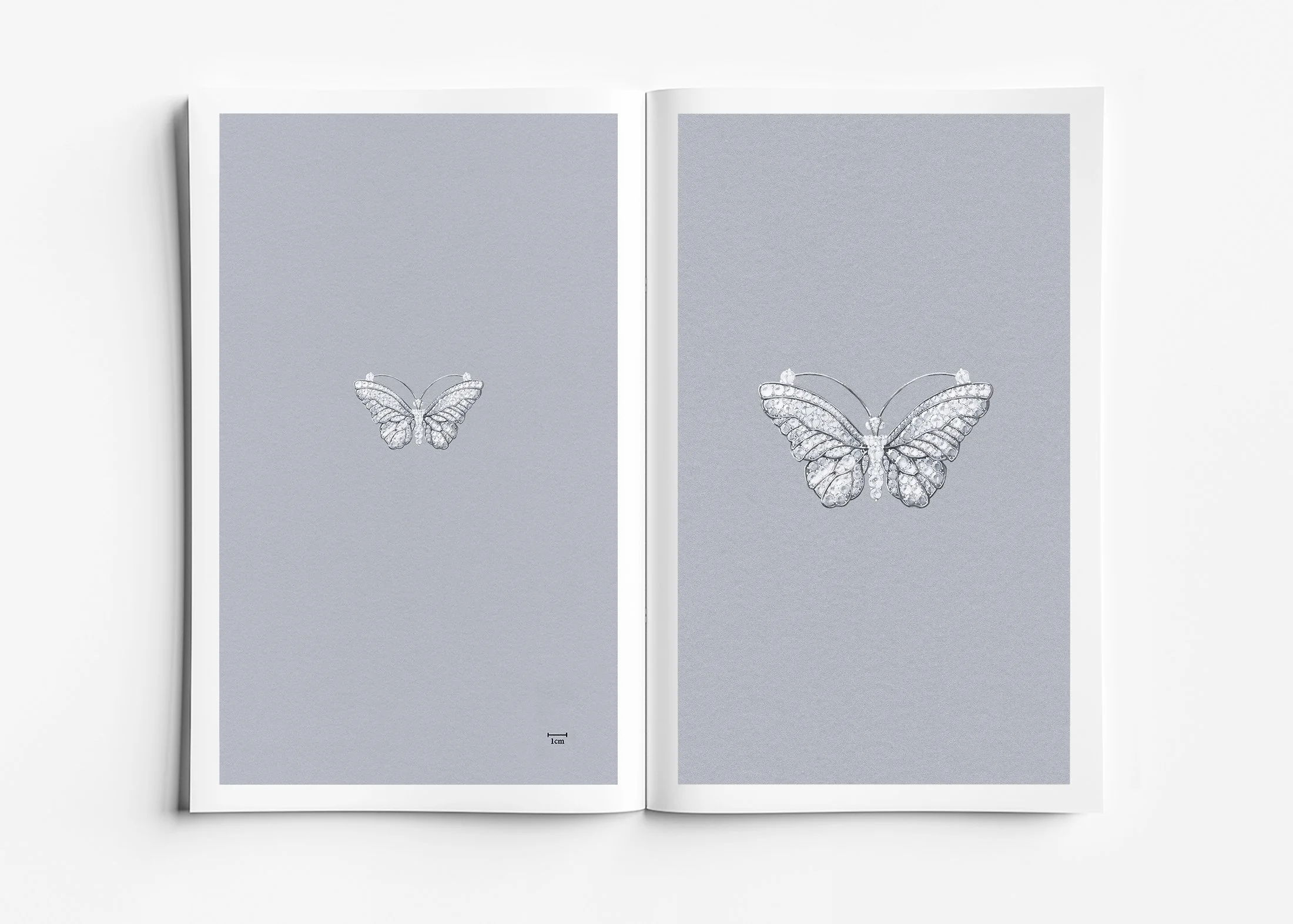High jewellery gouache rendering, butterfly brooch shown in scale presentation layout, white gold and diamonds, emphasizing proportion, structure and diamond pavé composition. High jewellery design study and development by Myles Day jewellery artist.