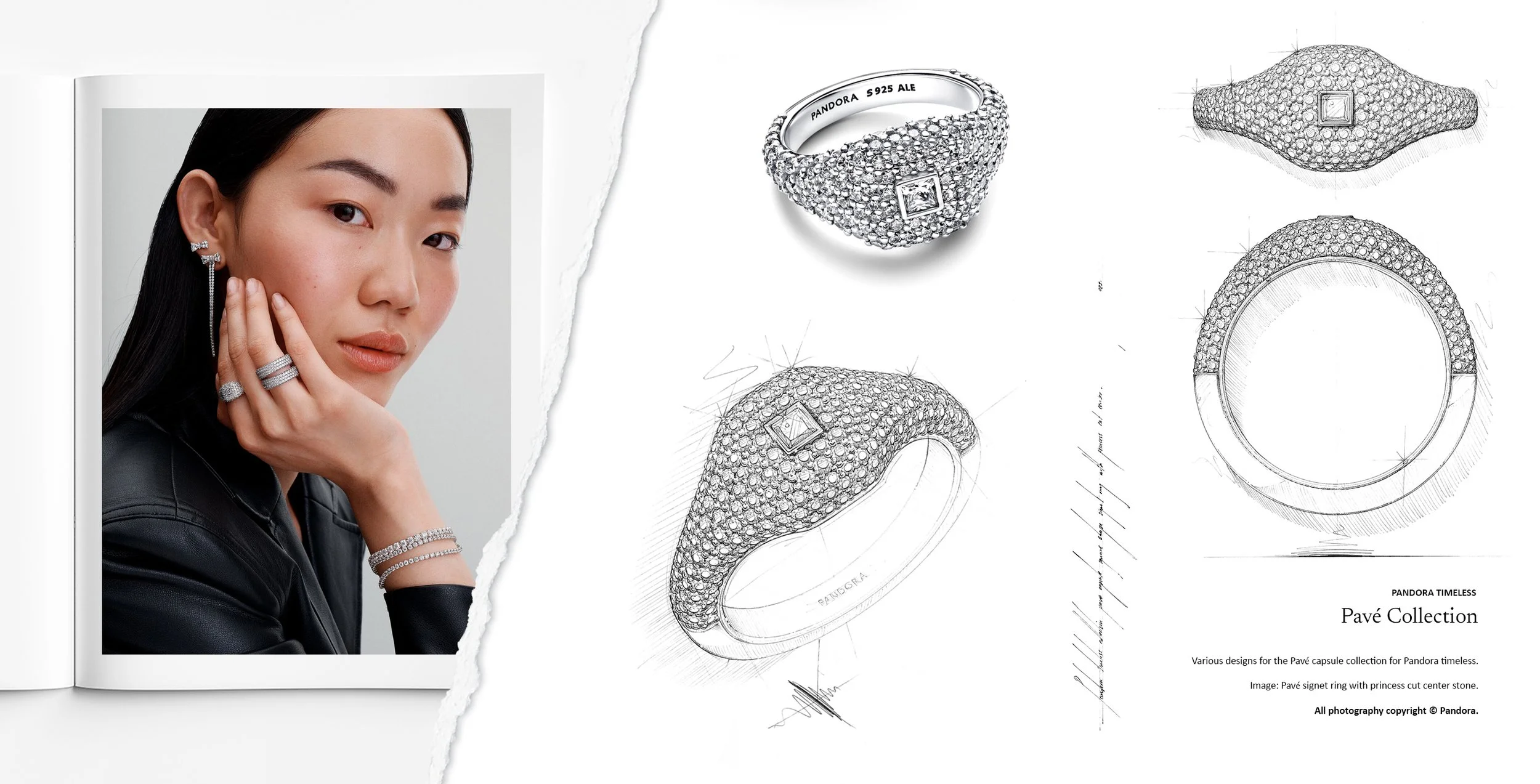 Jewellery design drawing sketch of Pandora Pavé collection signet ring with princess cut centre stone by Myles Day Jewellery Artist.