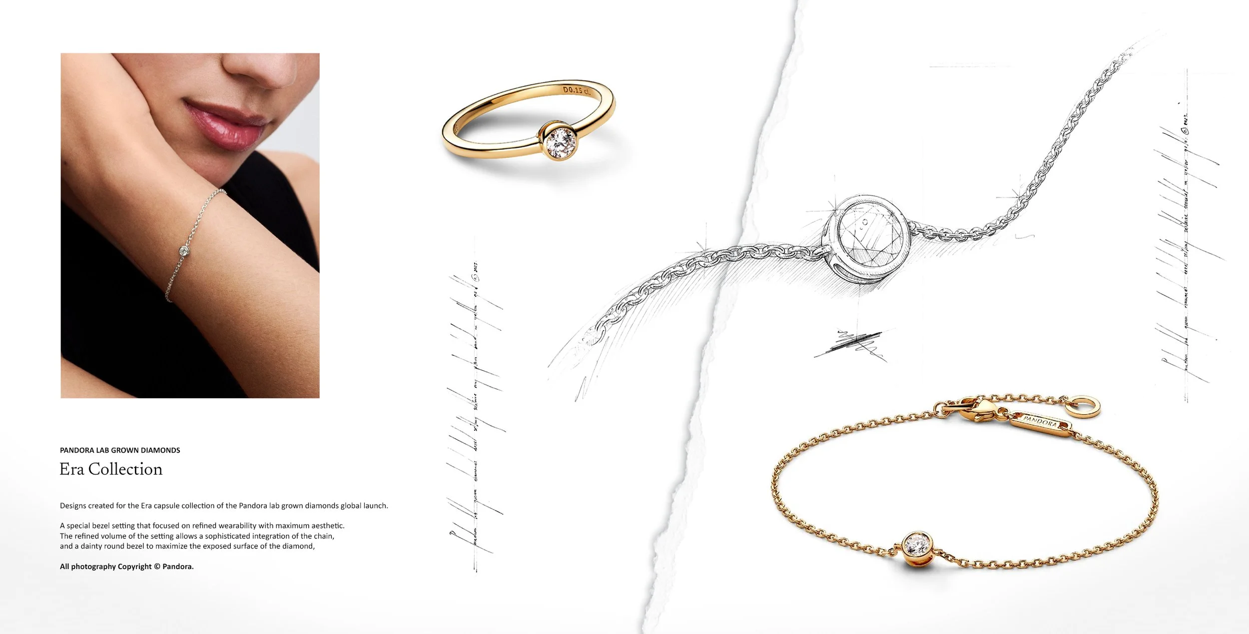 Jewellery design sketch and finished lab grown diamond chain bracelet from the Pandora Era collection. Design by Myles Day Jewellery Artist.