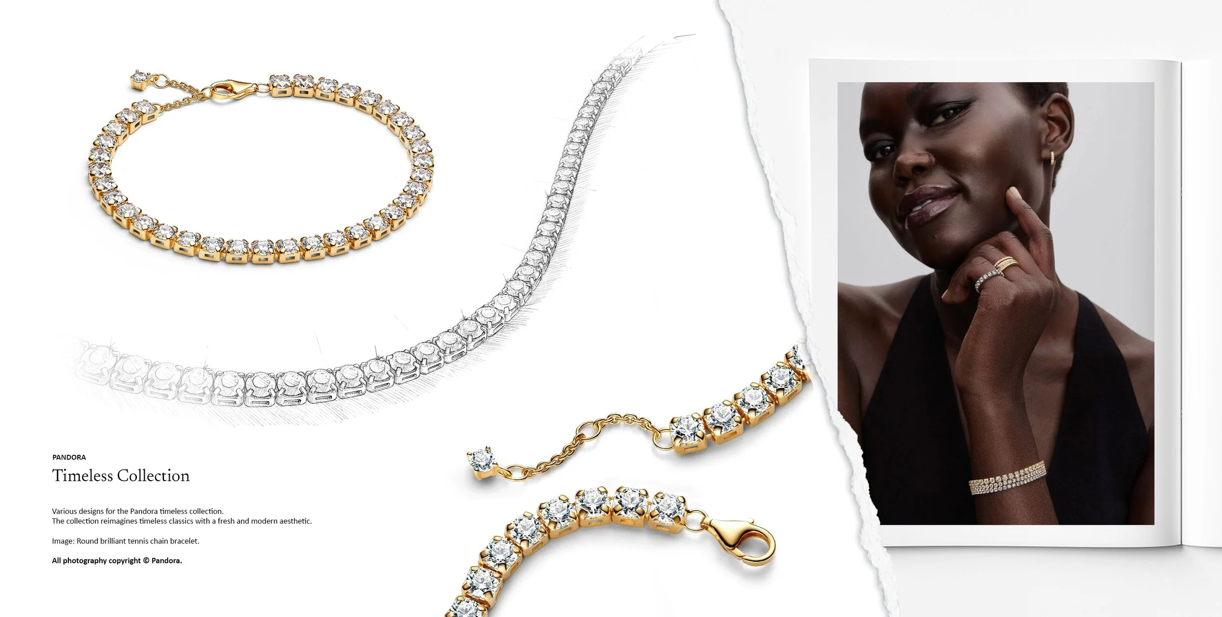 Pandora Pavé collection round brilliant tennis bracelet in yellow gold with pavé-set diamonds, shown with design development sketches and final jewellery execution by Myles Day Jewellery Artist.