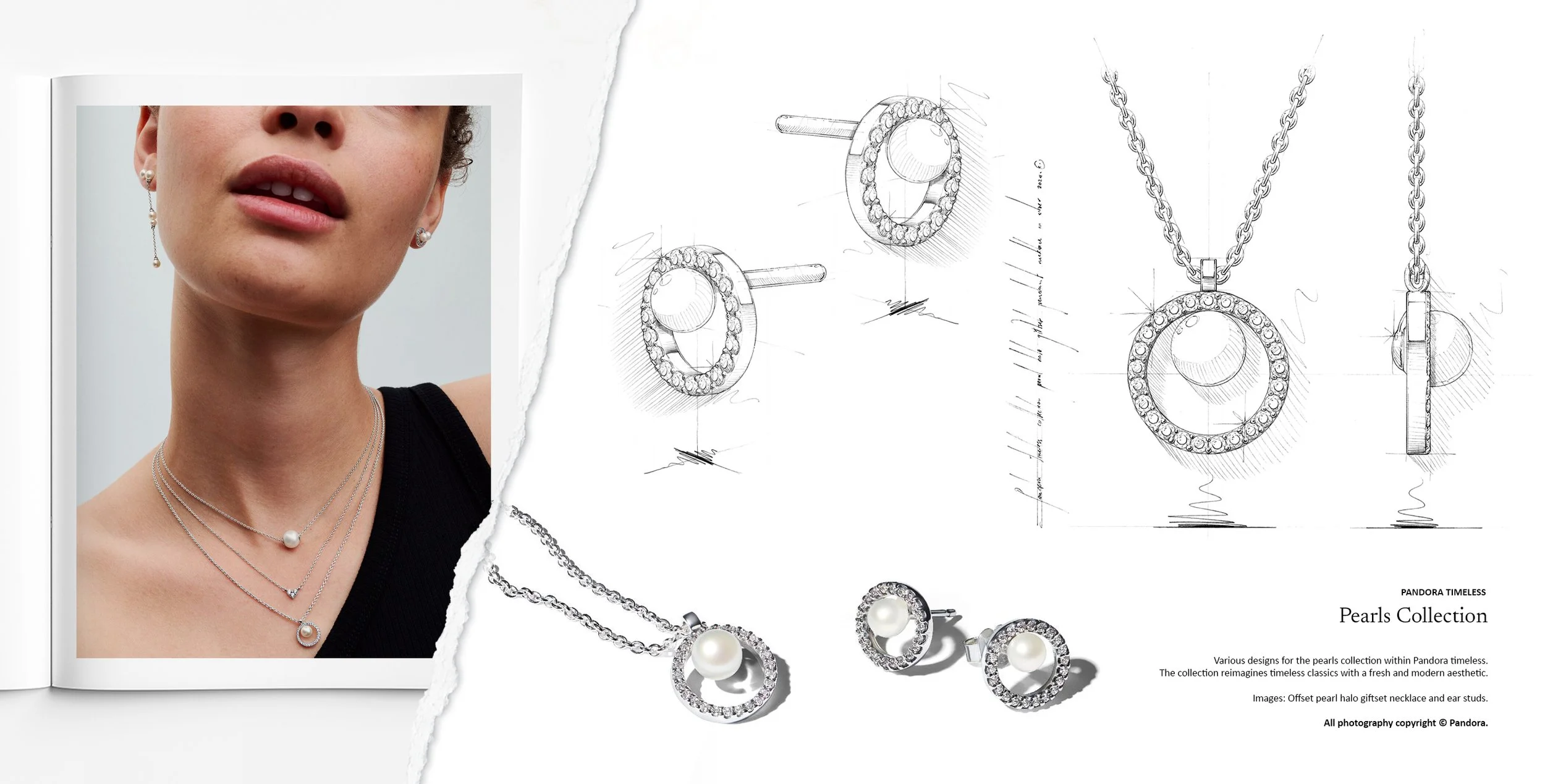Pandora Pearls collection offset pearl halo necklace and matching stud earrings with pavé detailing, shown with jewellery design sketches and final pieces by Myles Day Jewellery Artist.