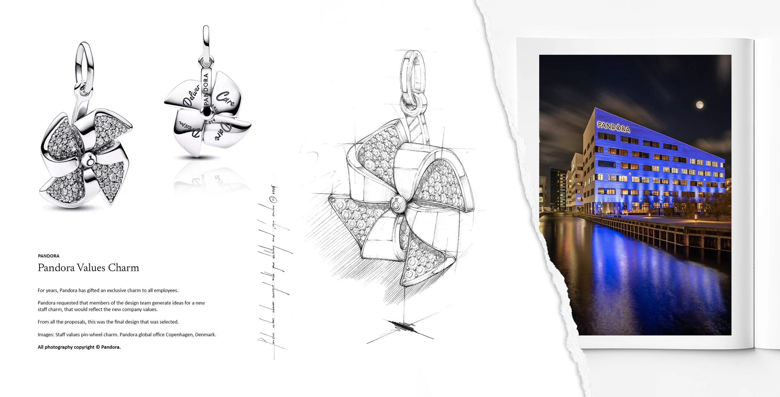 Pandora Values Charm pinwheel design in sterling silver with pavé-set stones and engraved value details, jewellery design and concept development by Myles Day Jewellery Artist.