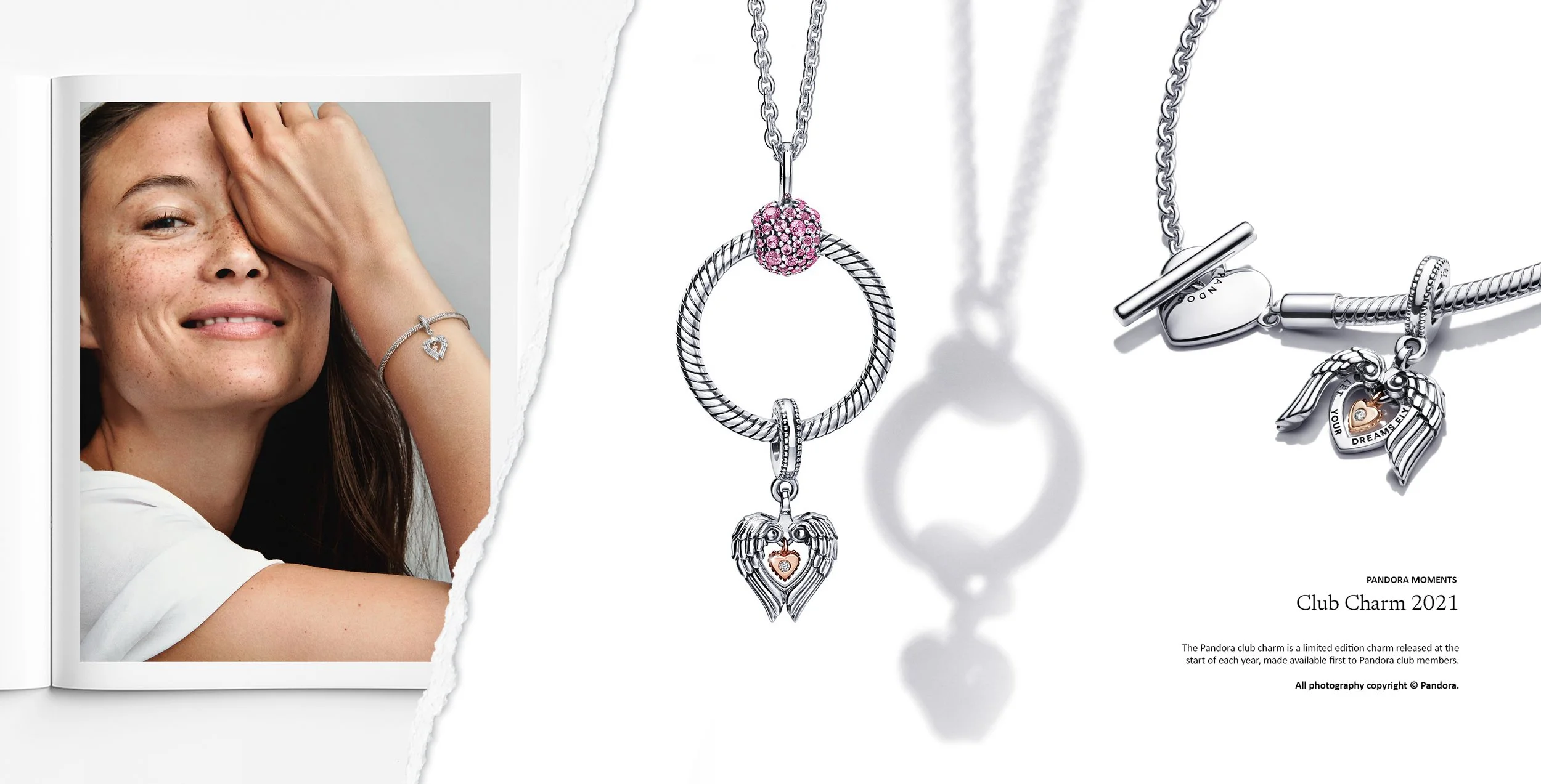 Pandora Moments Club Charm 2021 winged heart bracelet in sterling silver with pavé detailing, jewellery design collaboration by Myles Day Jewellery Artist.