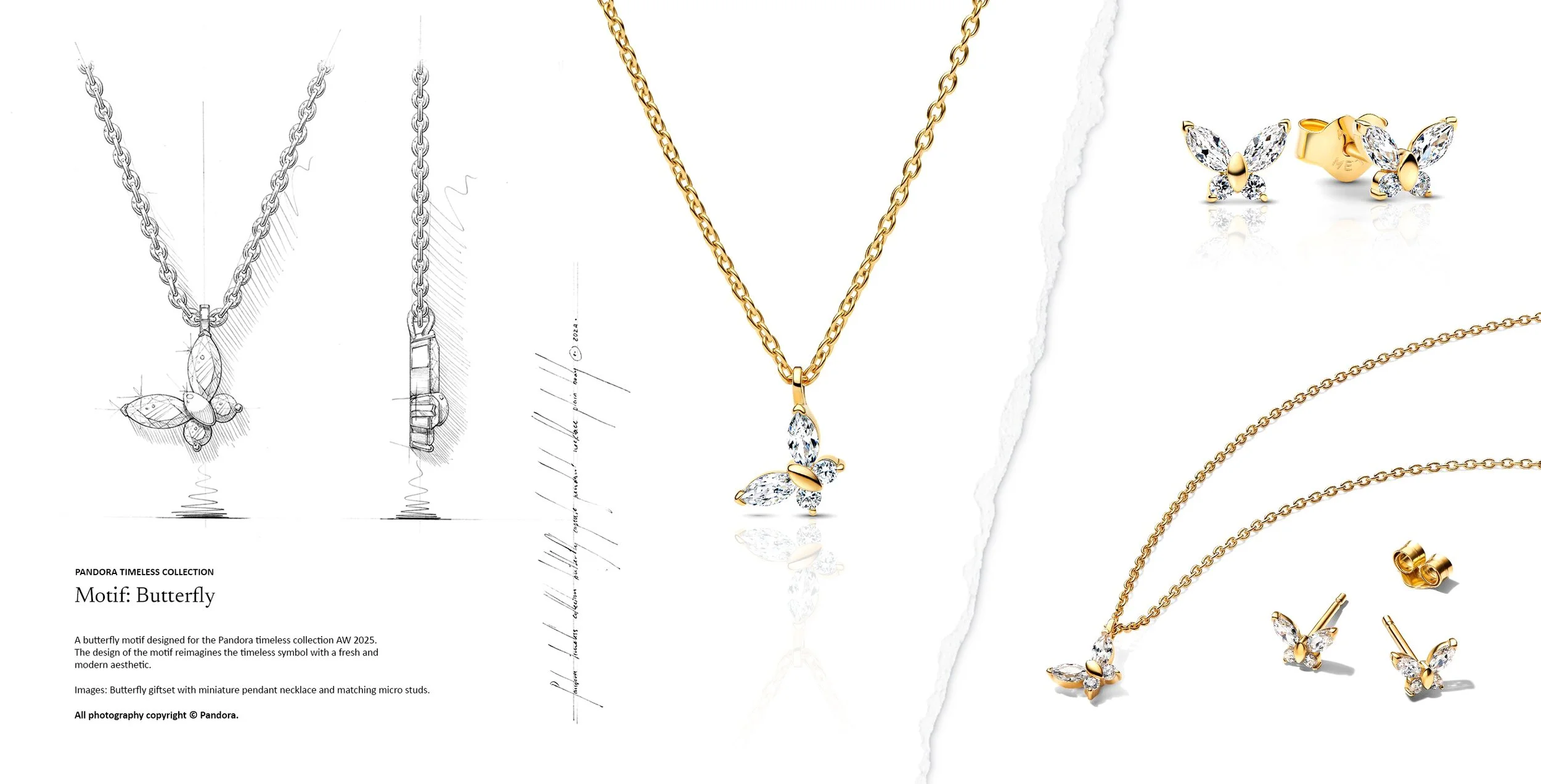 Jewellery design sketch and finished butterfly motif pendant necklace with matching micro stud earrings from the Pandora Timeless Collection. Design by Myles Day Jewellery Artist.