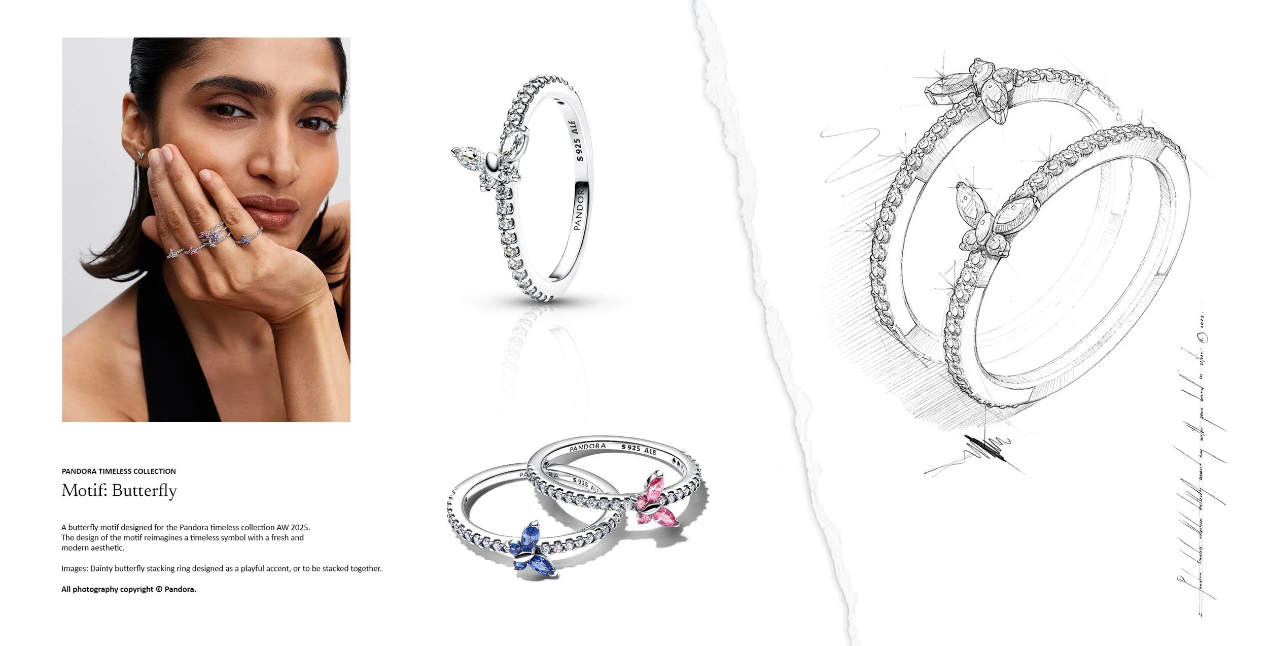 Pandora Timeless Collection butterfly stacking rings shown on model with jewellery design sketch and coloured stone variations. Design by Myles Day Jewellery Artist.